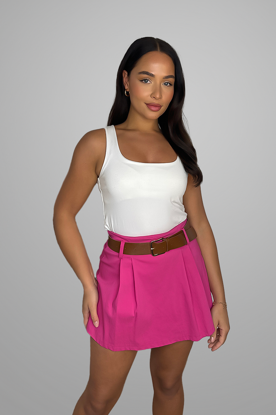 High Waisted Stretchy Belted Pleated Skort