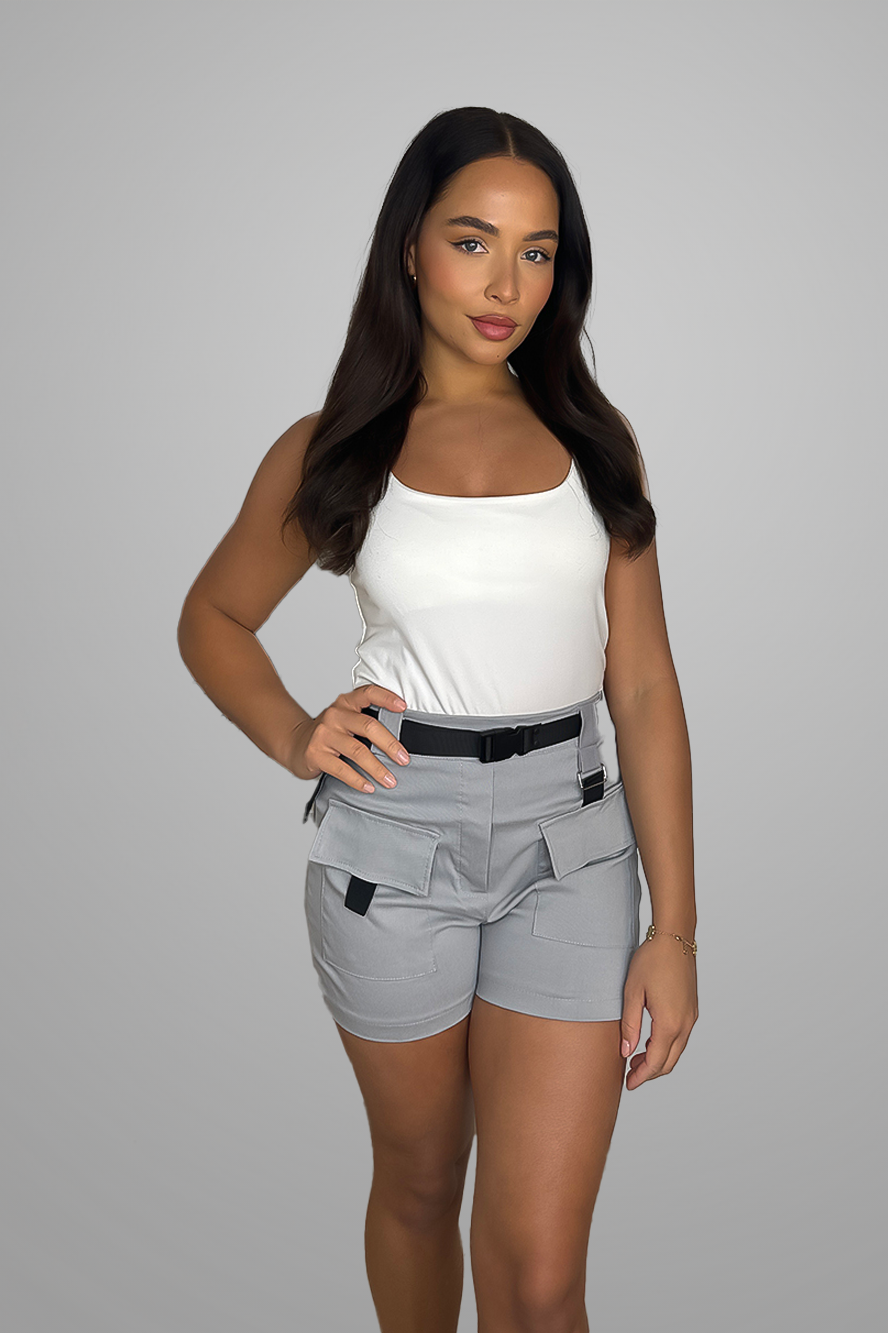 Stretchy Belted High Waisted Cargo Pocket Shorts