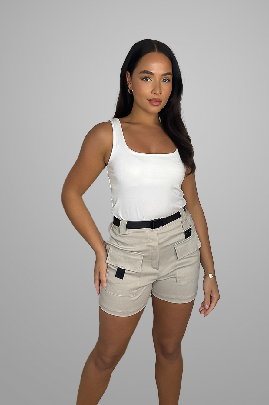 Stretchy Belted High Waisted Cargo Pocket Shorts