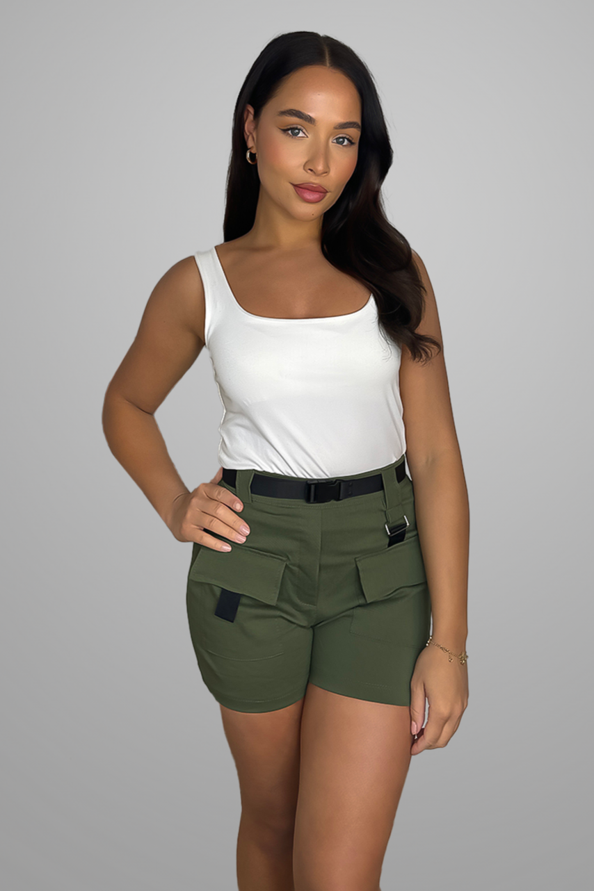 Stretchy Belted High Waisted Cargo Pocket Shorts