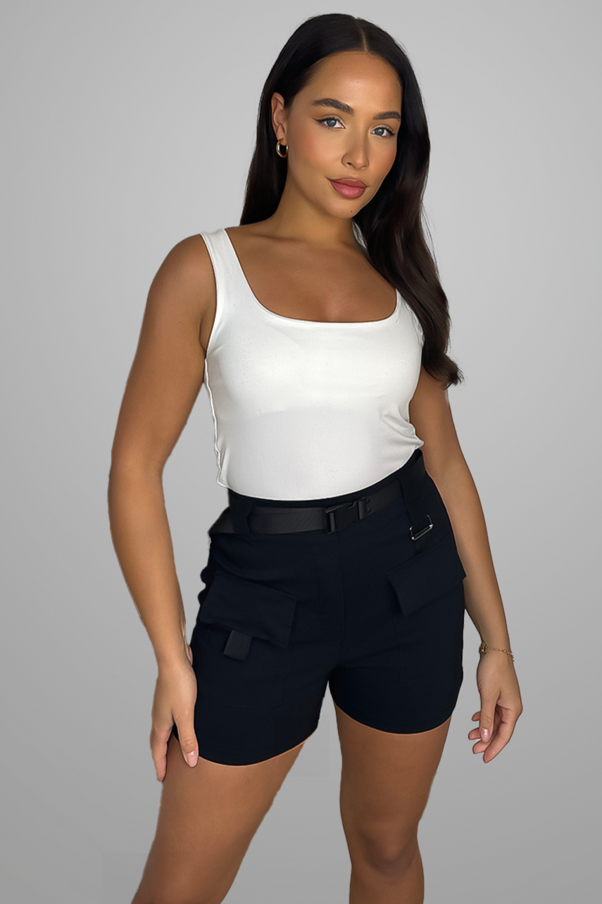 Stretchy Belted High Waisted Cargo Pocket Shorts