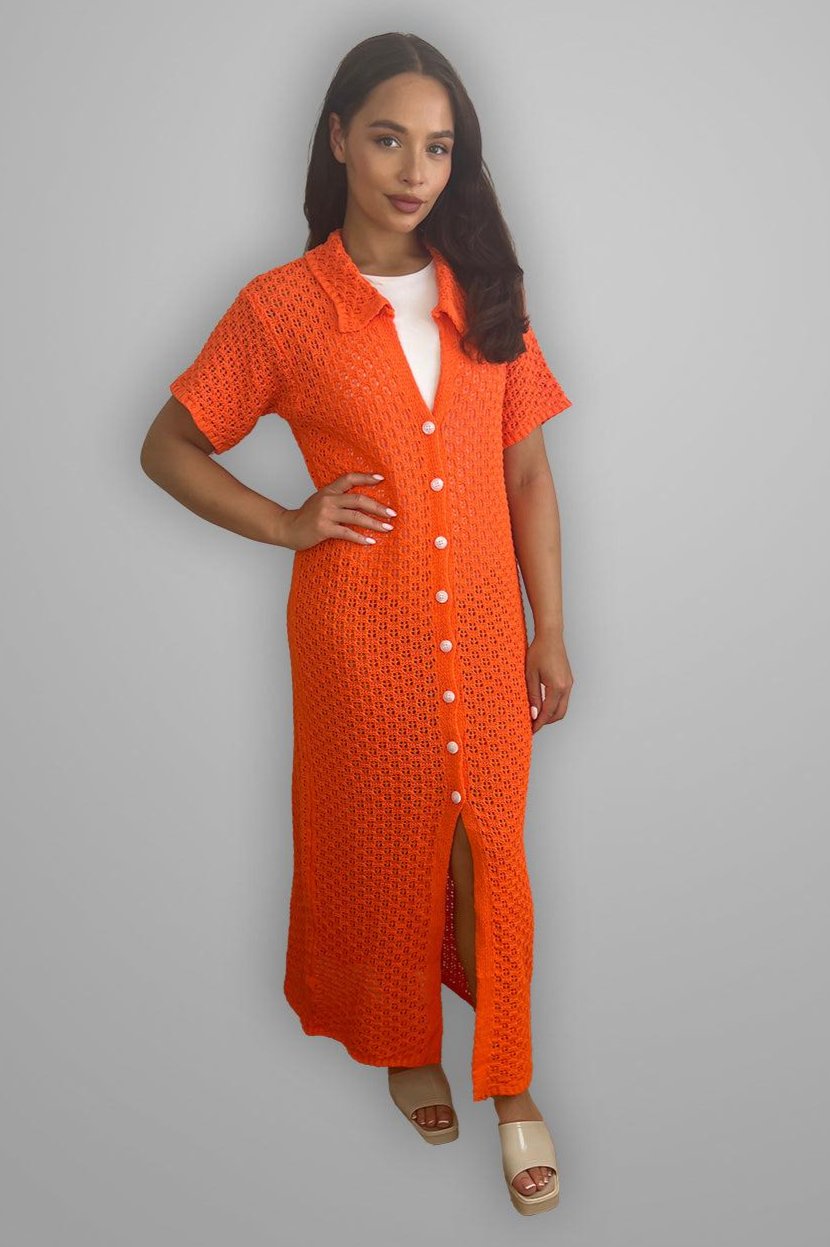 Crochet Knit Midi Shirt Dress-SinglePrice