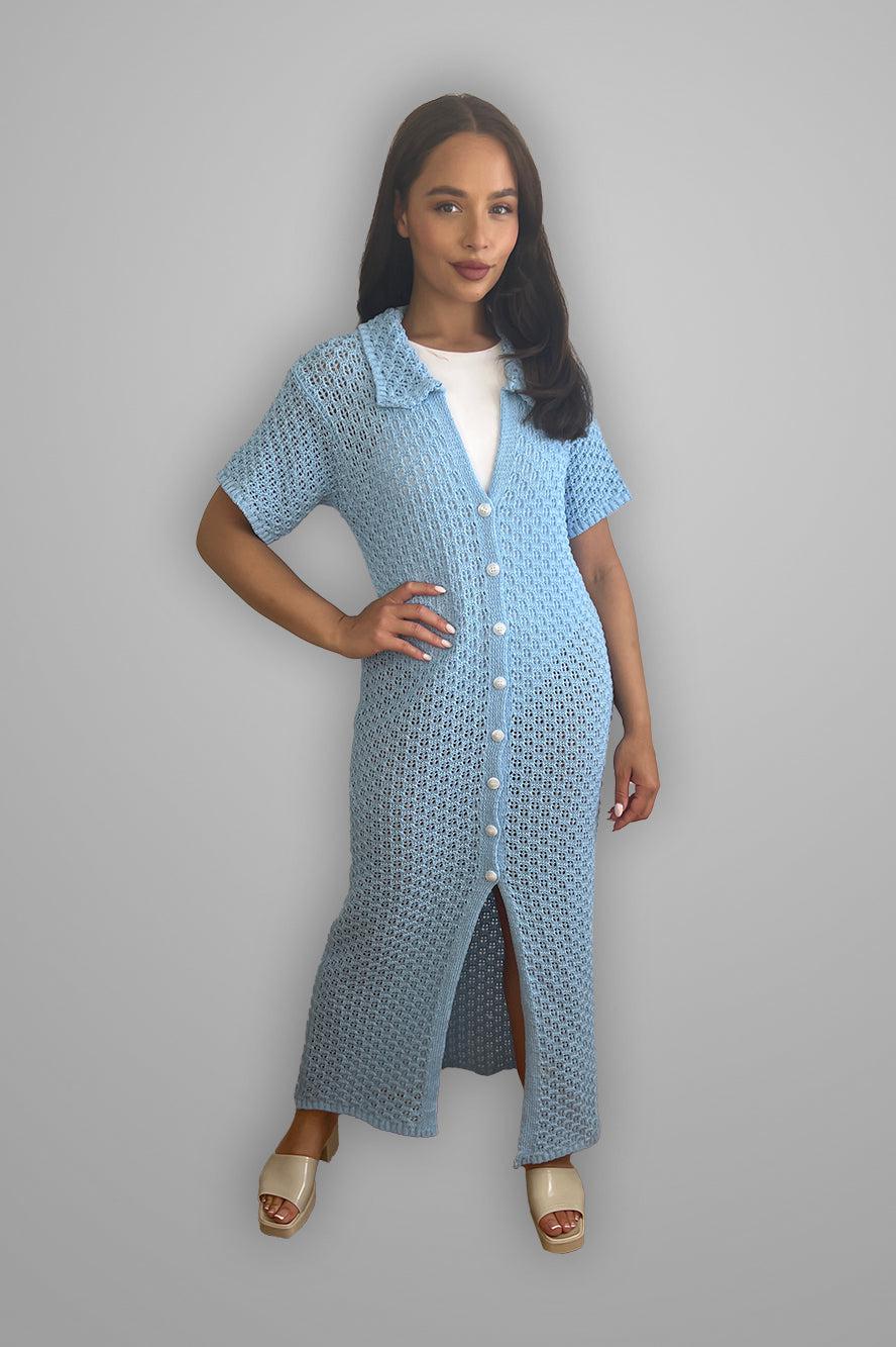 Crochet Knit Midi Shirt Dress-SinglePrice