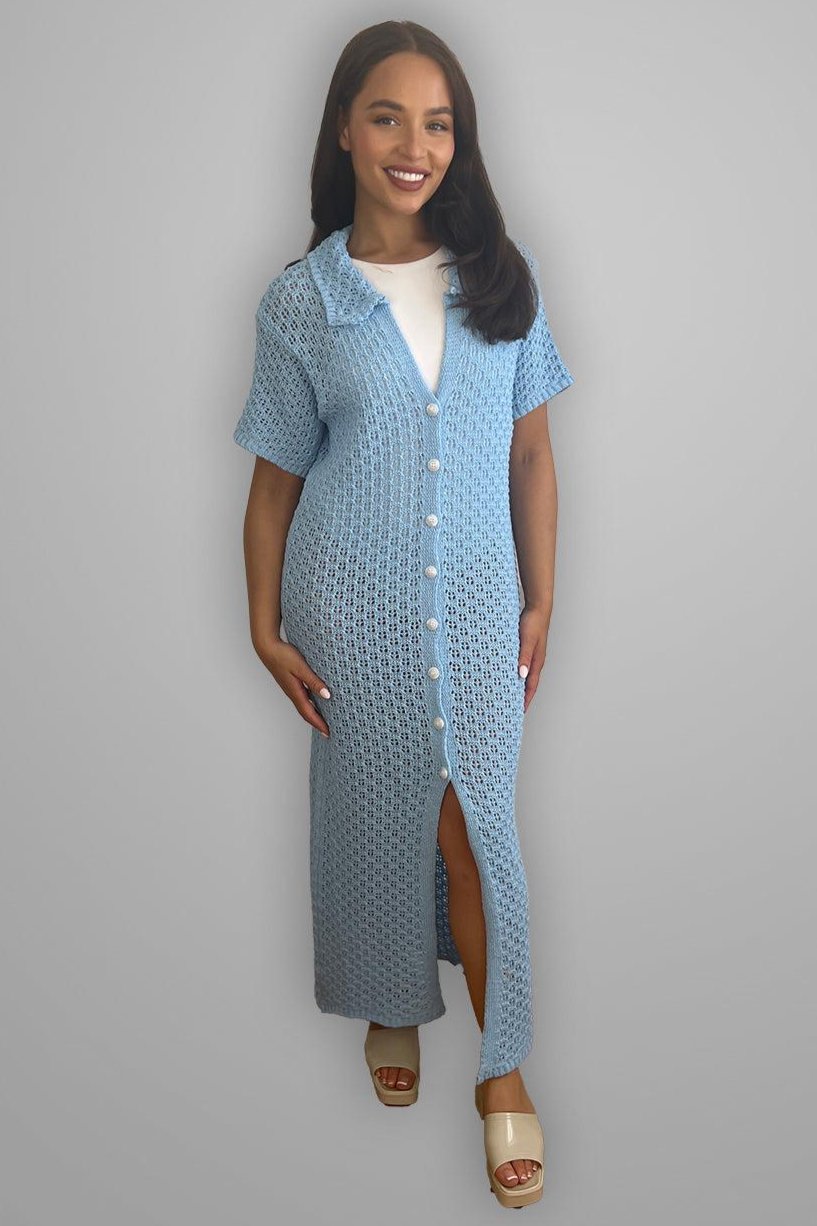 Crochet Knit Midi Shirt Dress-SinglePrice