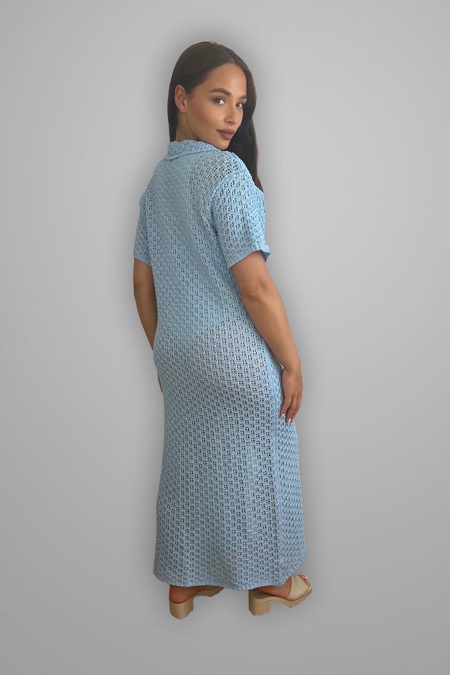 Crochet Knit Midi Shirt Dress-SinglePrice