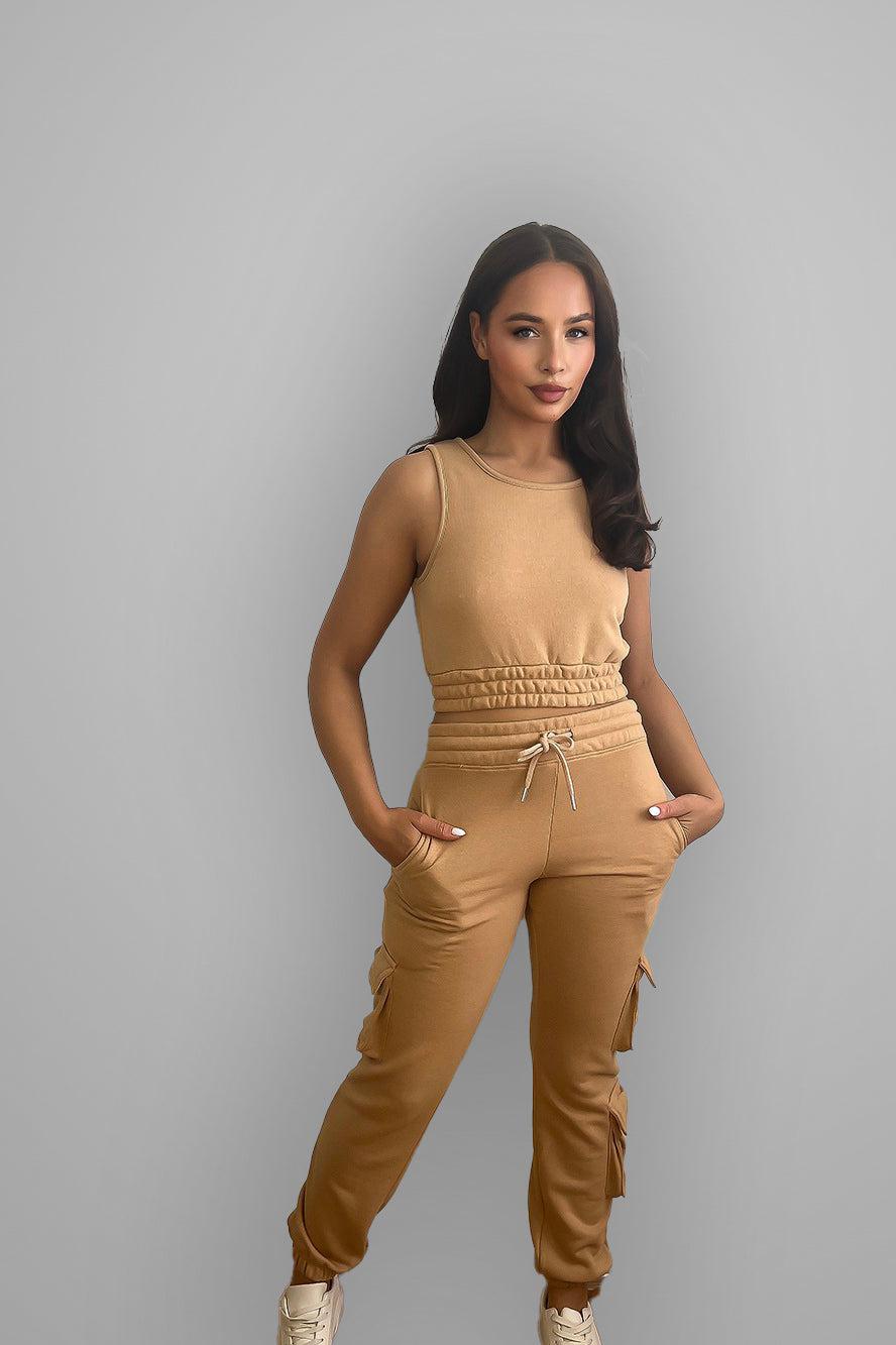 Crop Top And Waist Tie Side Pockets Cargo Pants Set-SinglePrice