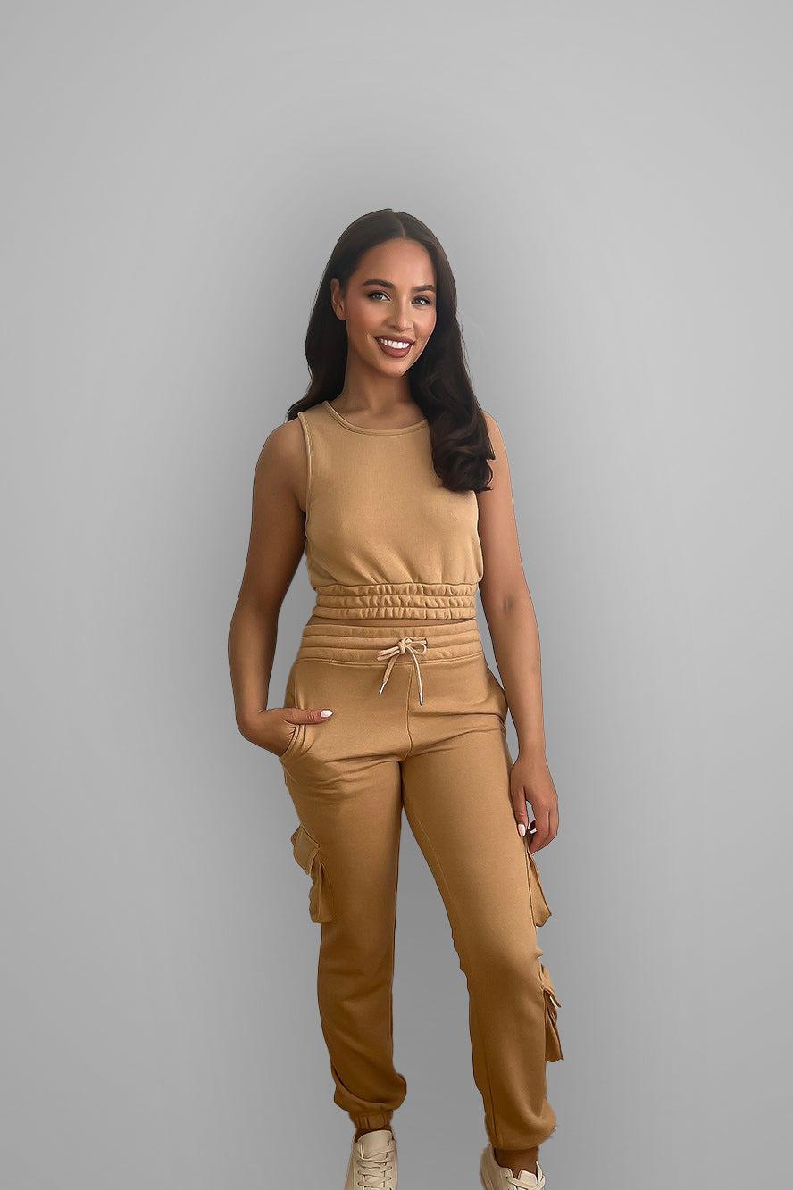 Crop Top And Waist Tie Side Pockets Cargo Pants Set-SinglePrice