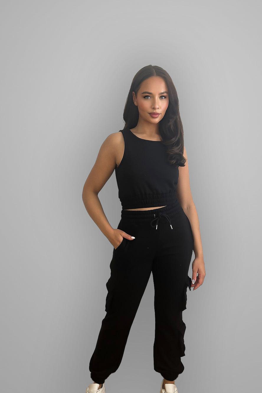 Crop Top And Waist Tie Side Pockets Cargo Pants Set-SinglePrice