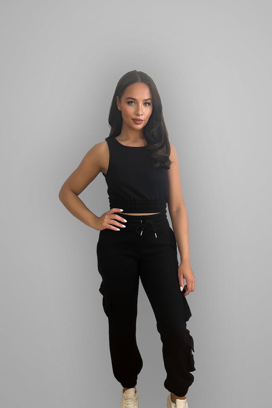 Crop Top And Waist Tie Side Pockets Cargo Pants Set-SinglePrice