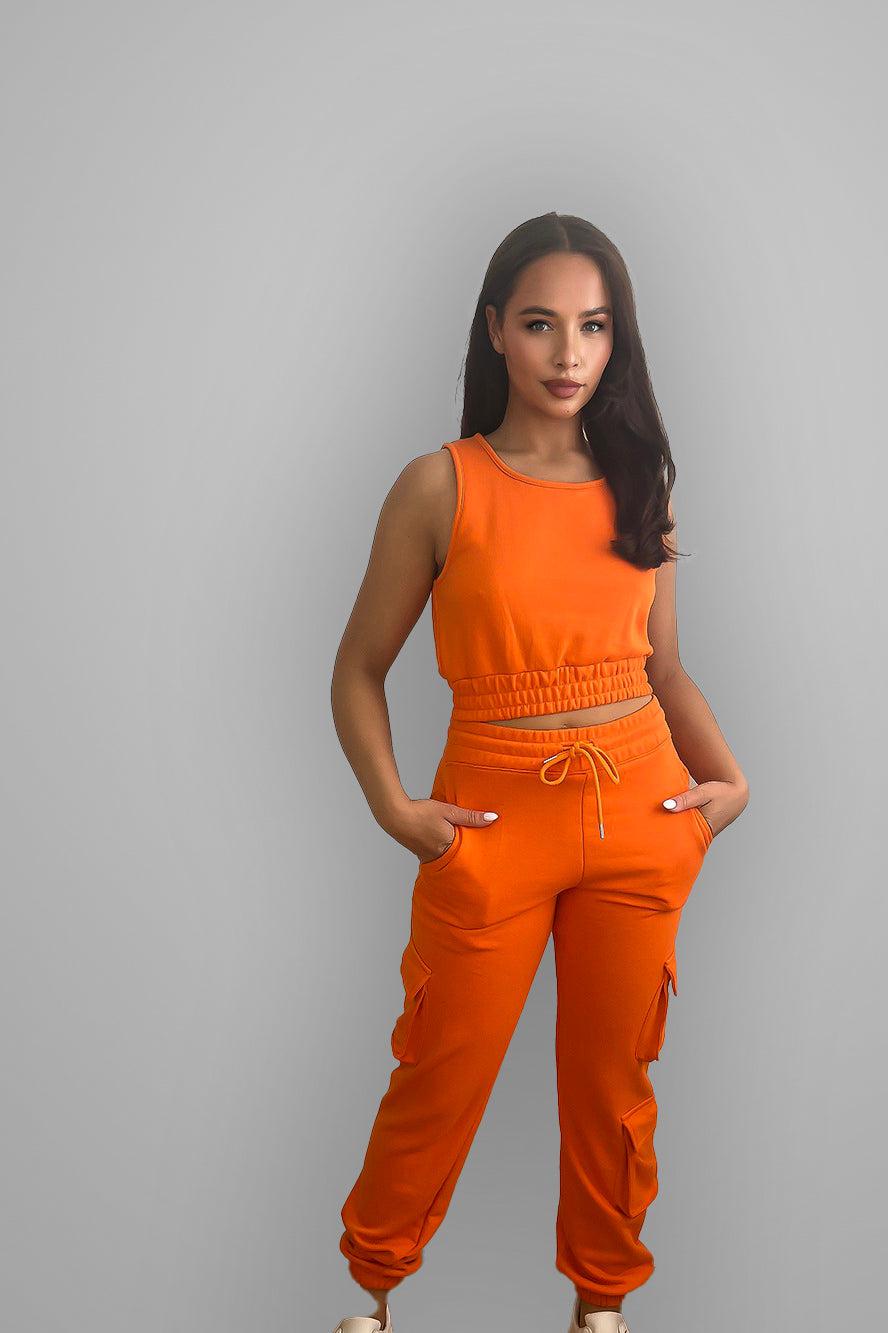 Crop Top And Waist Tie Side Pockets Cargo Pants Set-SinglePrice