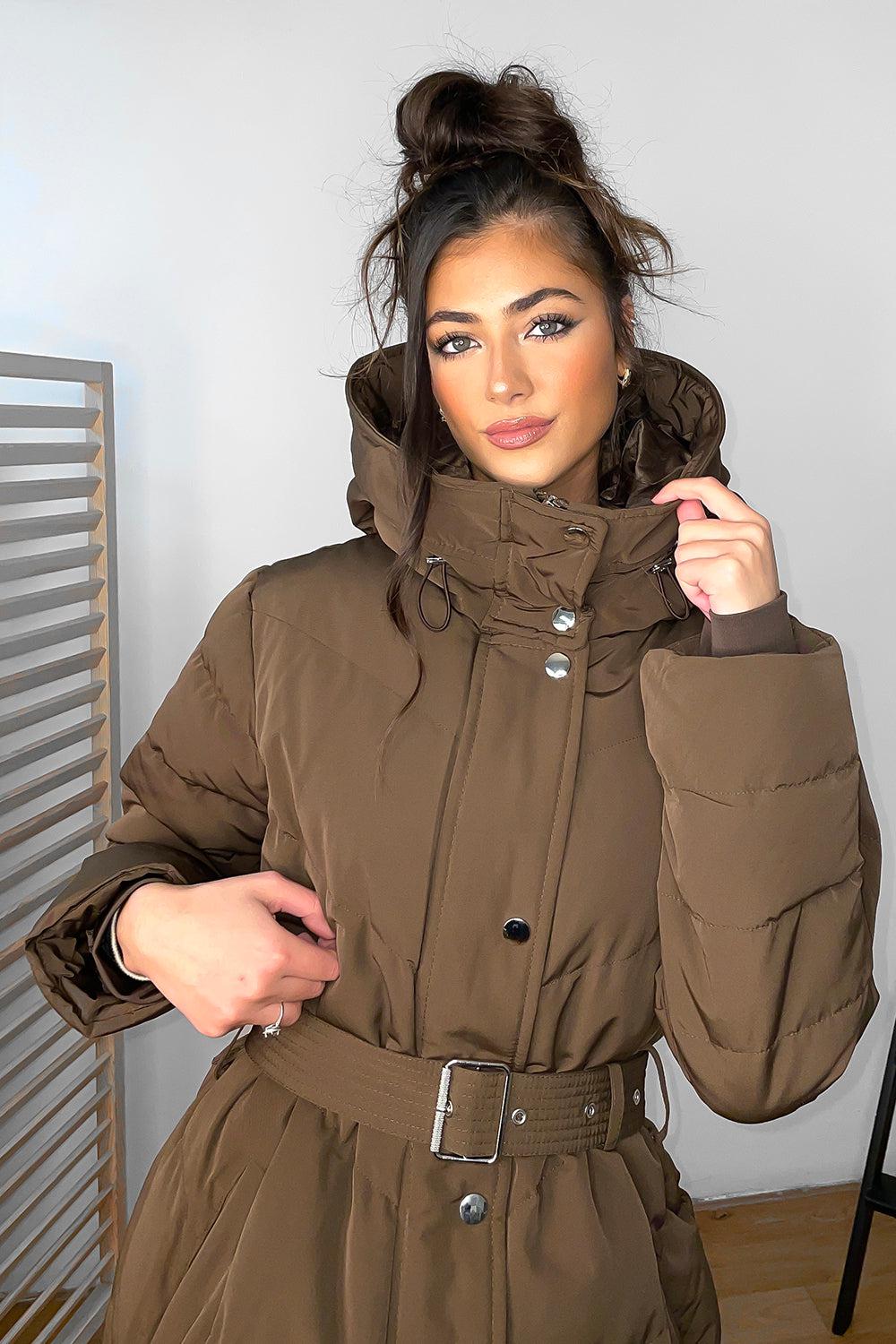 Drawstring Hood Belted Midi Puffer Jacket-SinglePrice