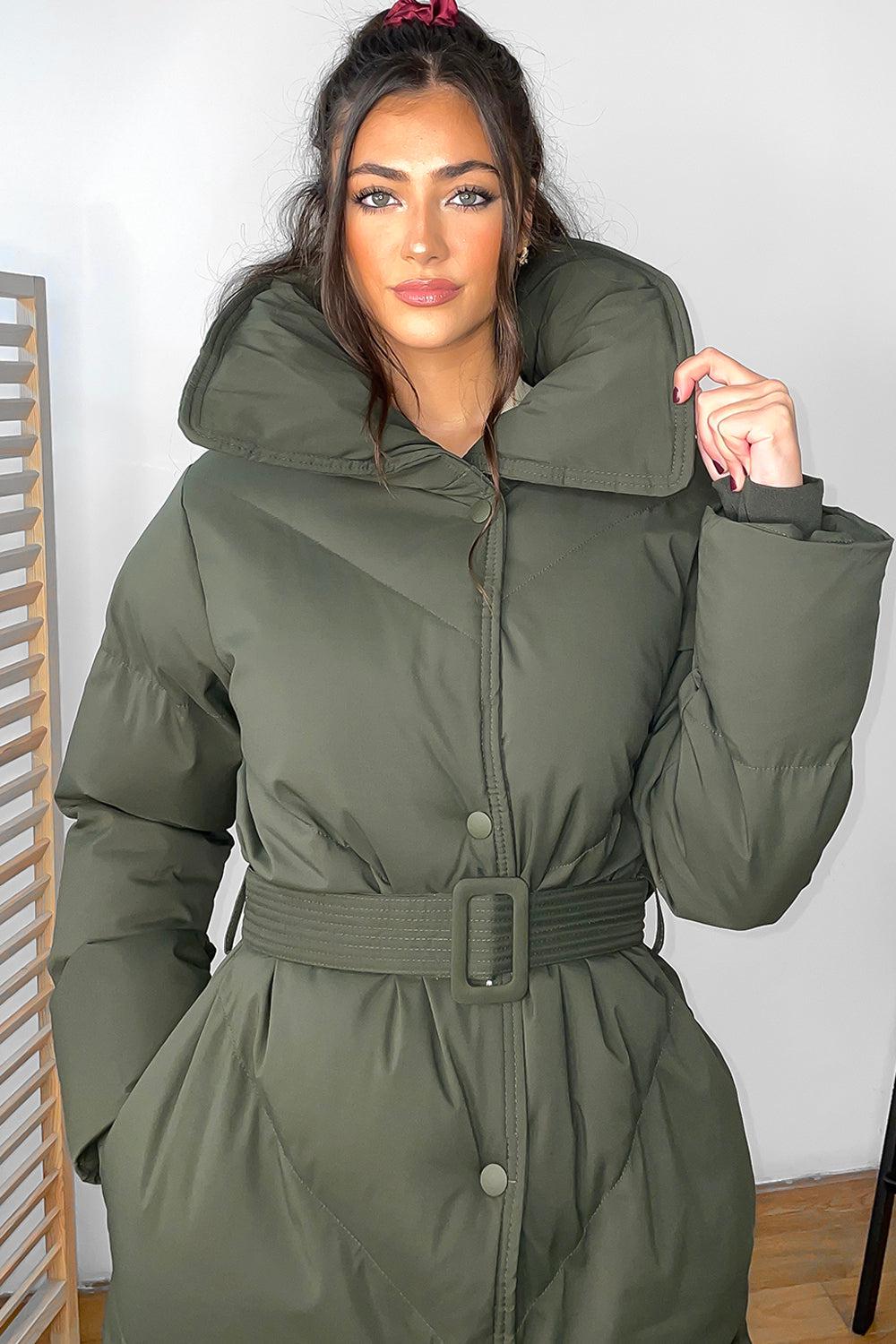 High Neck Belted Midi Puffer Jacket