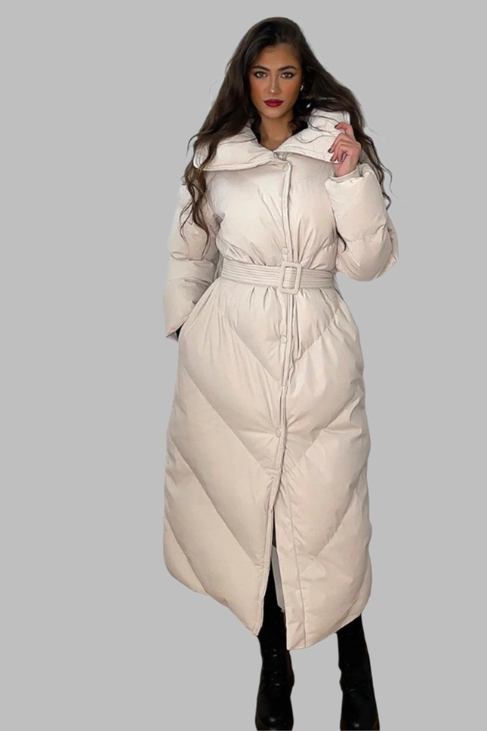 High Neck Belted Midi Puffer Jacket-SinglePrice