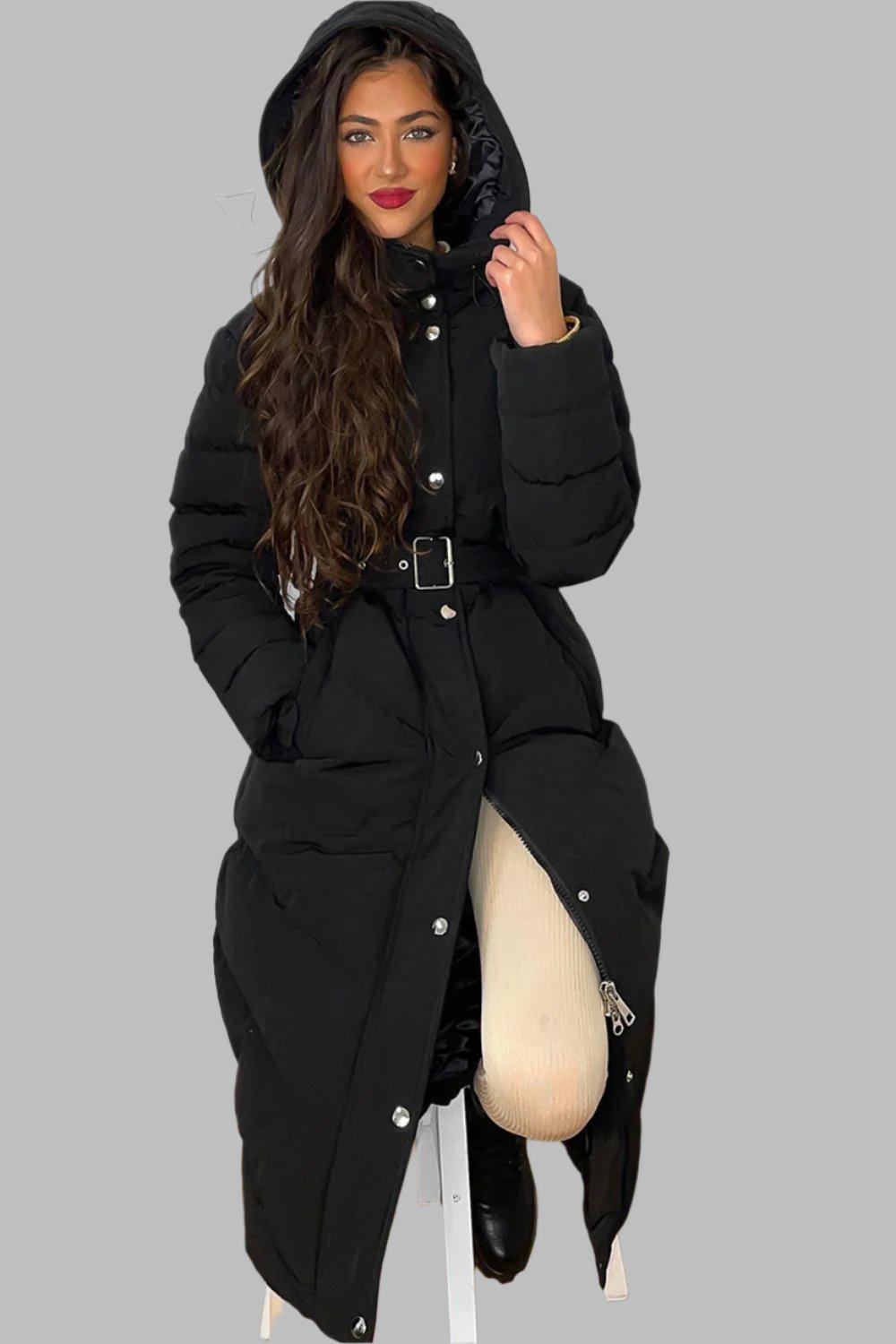 Drawstring Hood Belted Midi Puffer Jacket