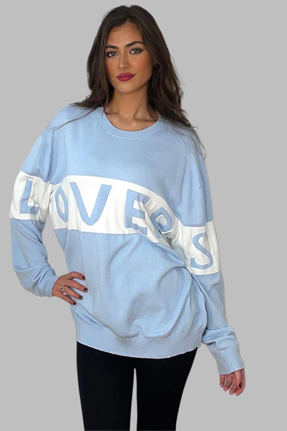 Baby Blue Lover's Slogan Sweatshirt-SinglePrice