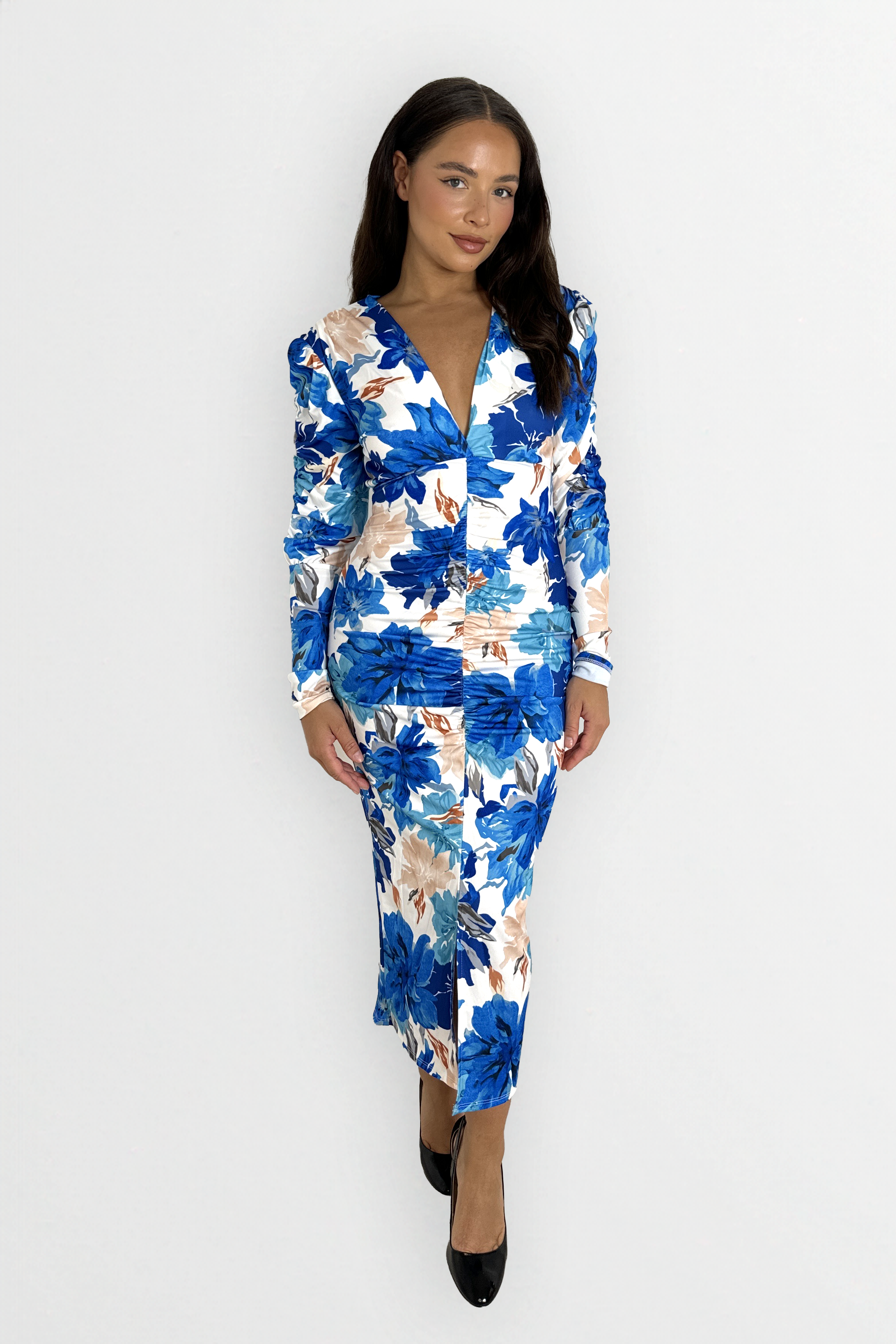 Ruched Puff Long Sleeve Low Cut Floral Print Slinky Bodycon Dress