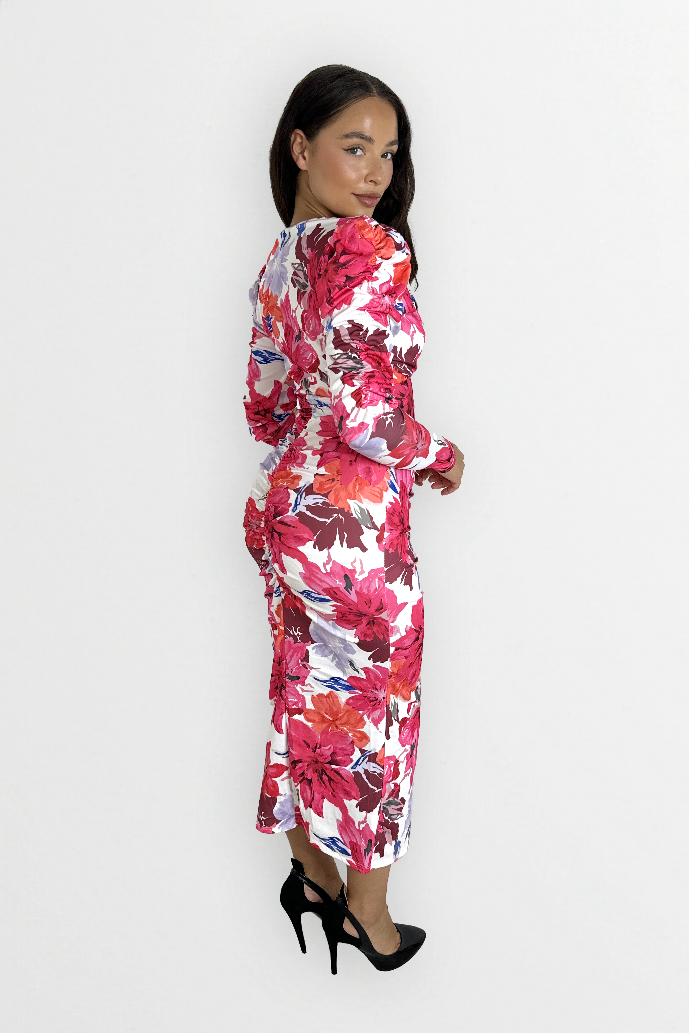 Ruched Puff Long Sleeve Low Cut Floral Print Slinky Bodycon Dress