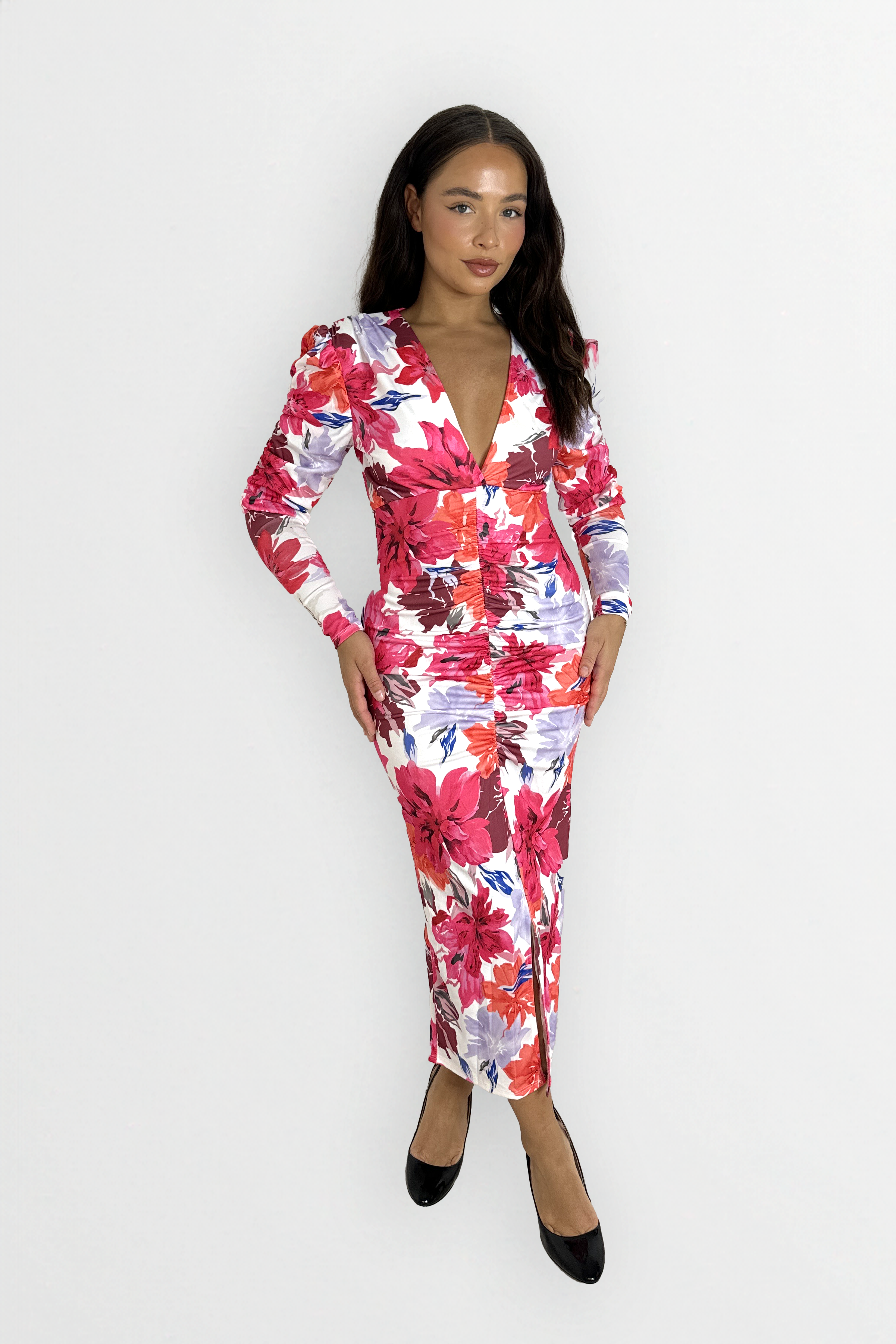 Ruched Puff Long Sleeve Low Cut Floral Print Slinky Bodycon Dress