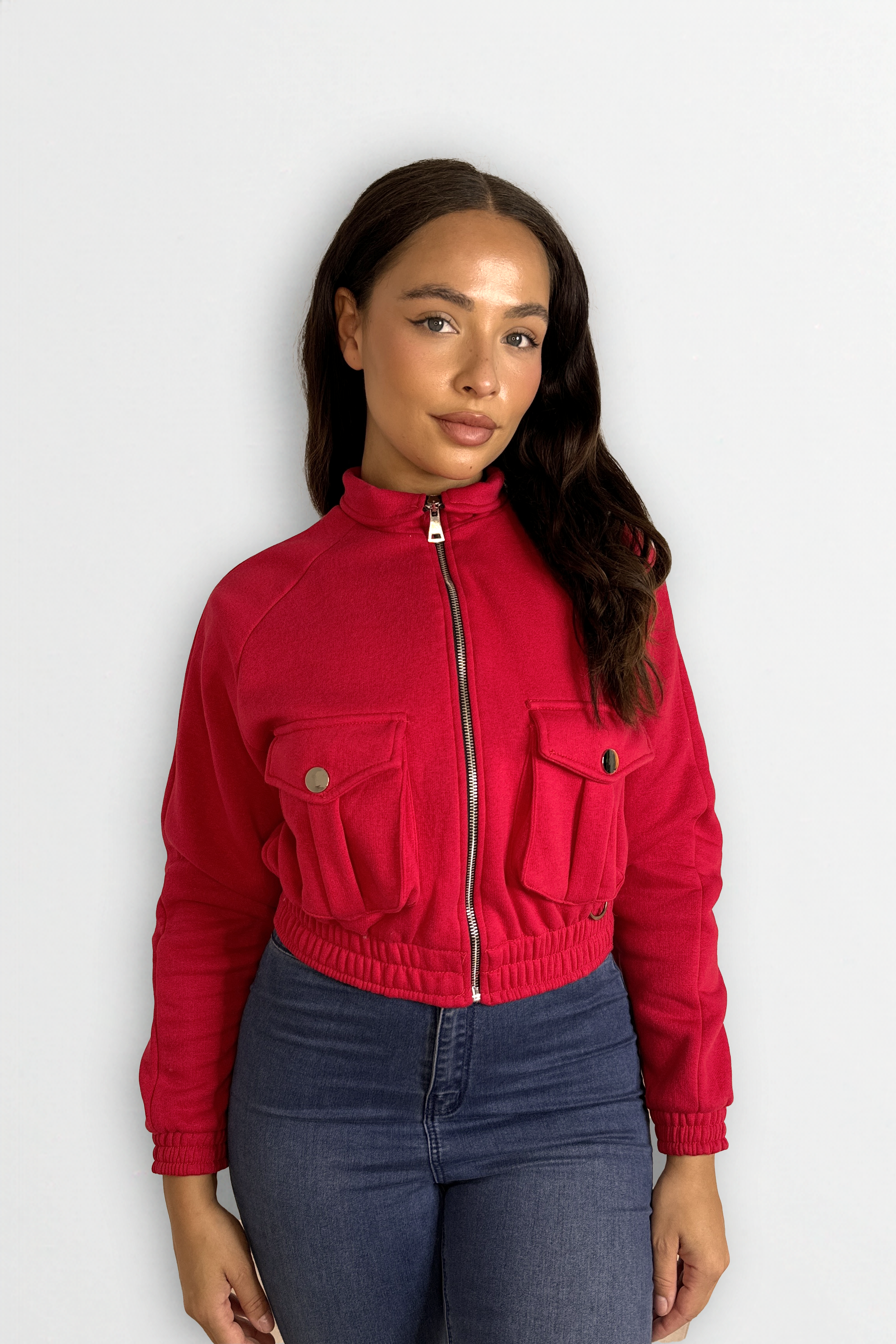 Fleeced High Neck Large Pocket Cropped Bomber Jacket-SinglePrice