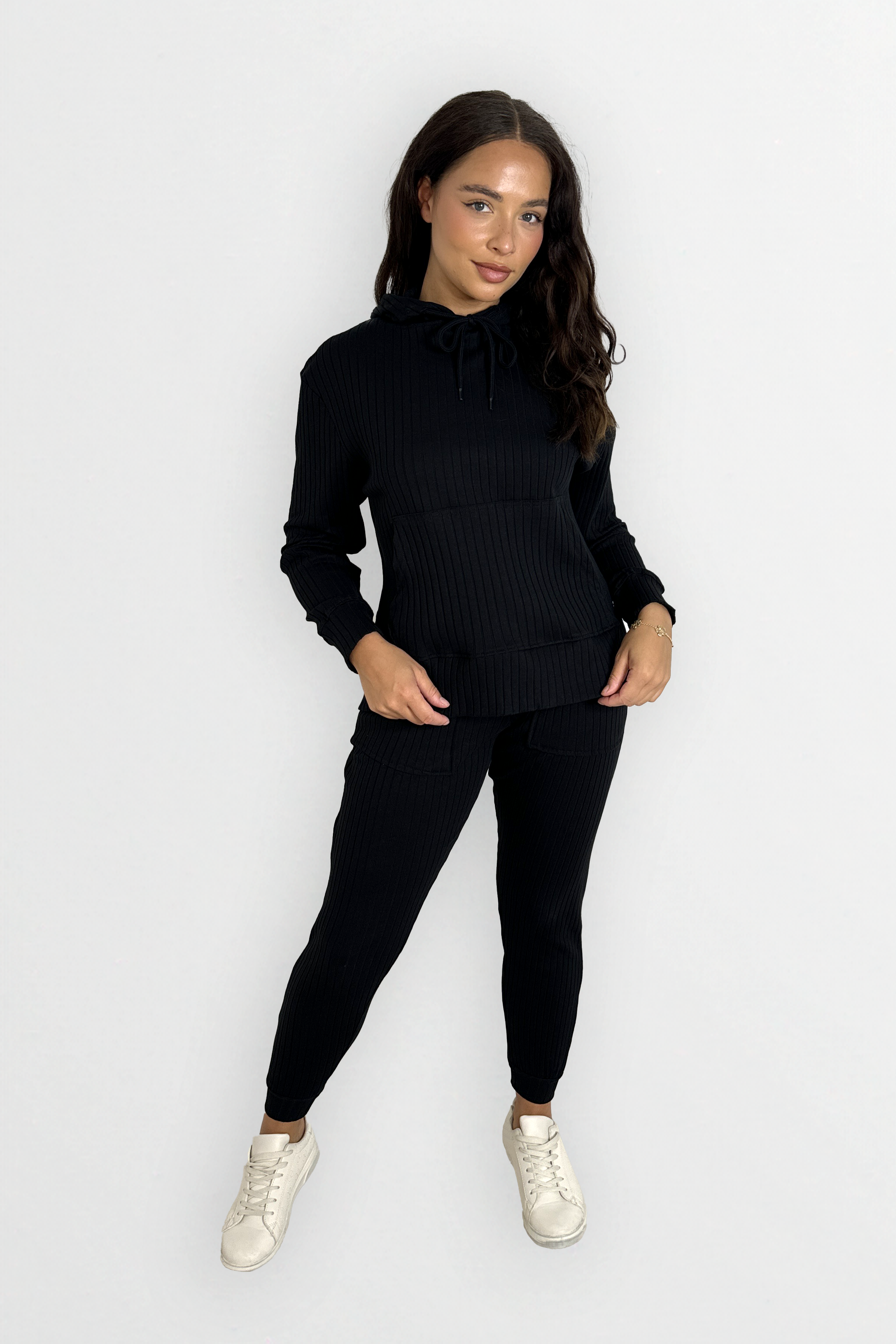 Ribbed Kangaroo Pocket Hoodie And Slim Joggers Cotton Tracksuit-SinglePrice