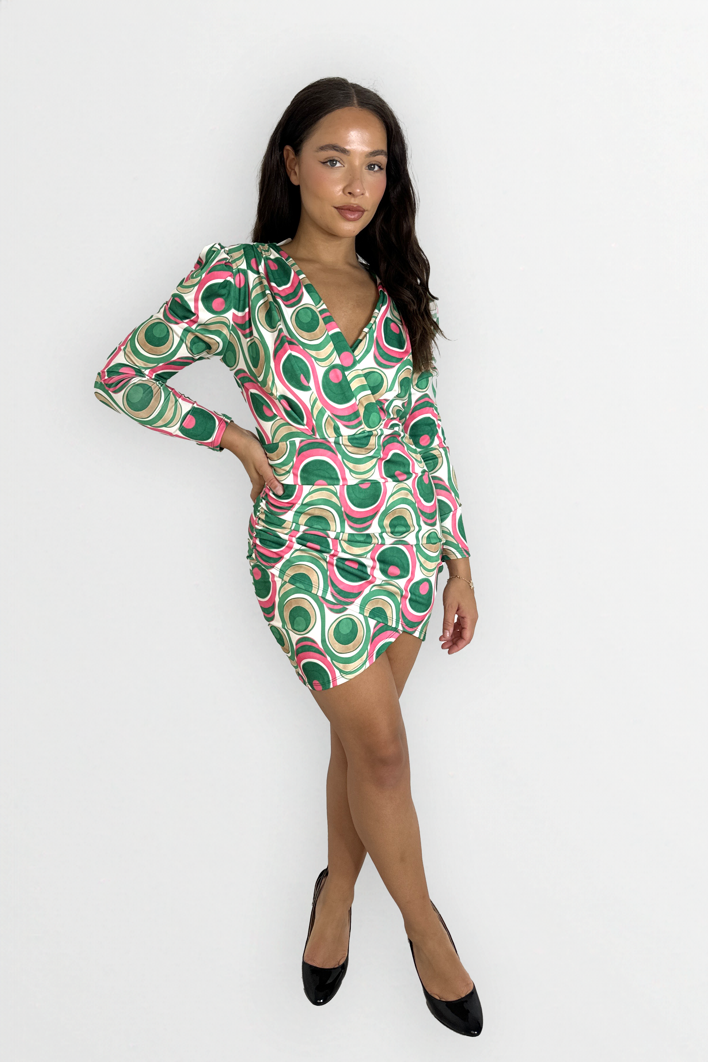 Wholesale Women's Long Sleeve Deep Plunge Printed Asymmetric Mini Dress (PACK OF 6)