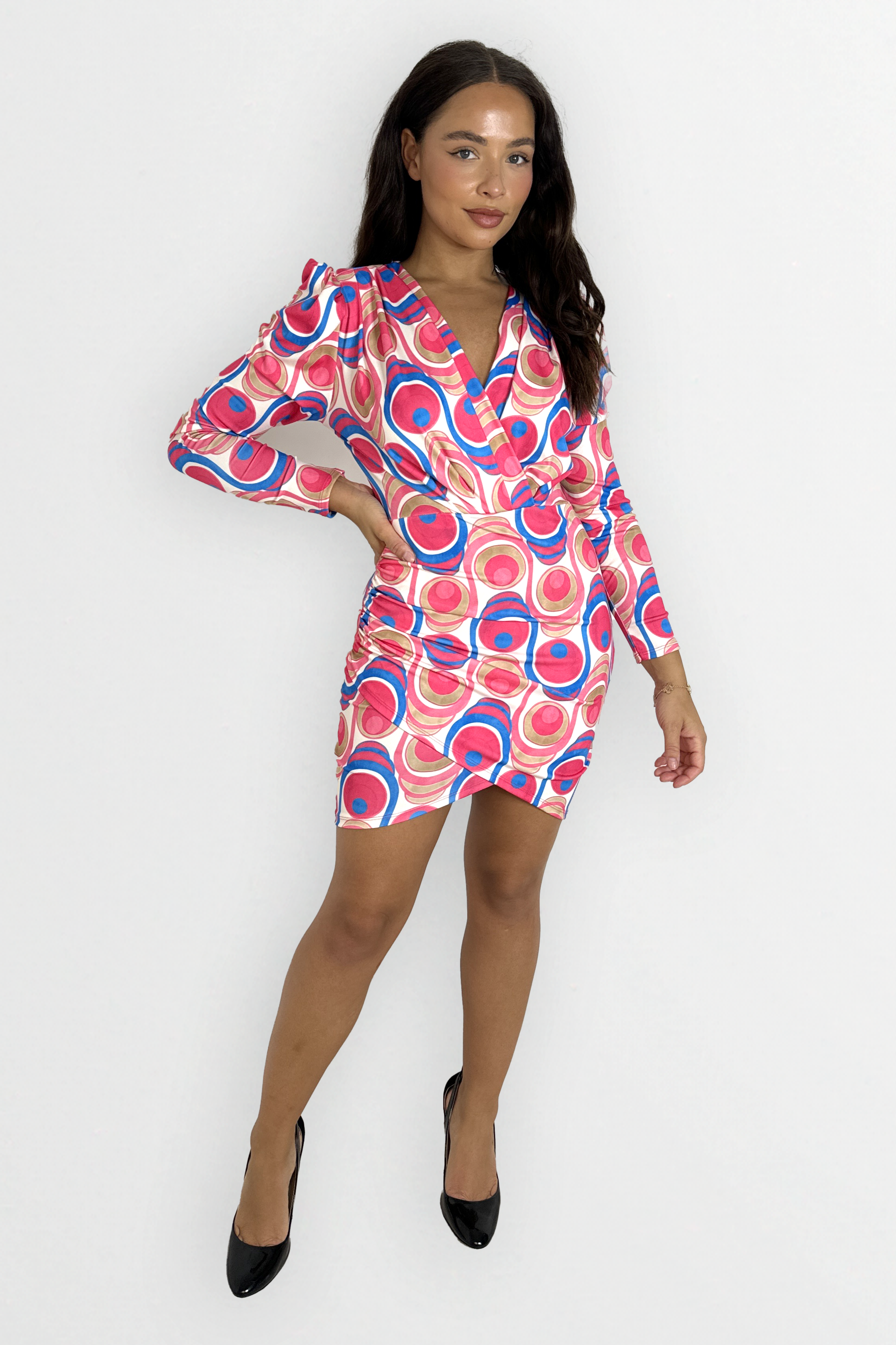 Long Sleeve Deep Plunge Printed Asymmetric Mini Dress