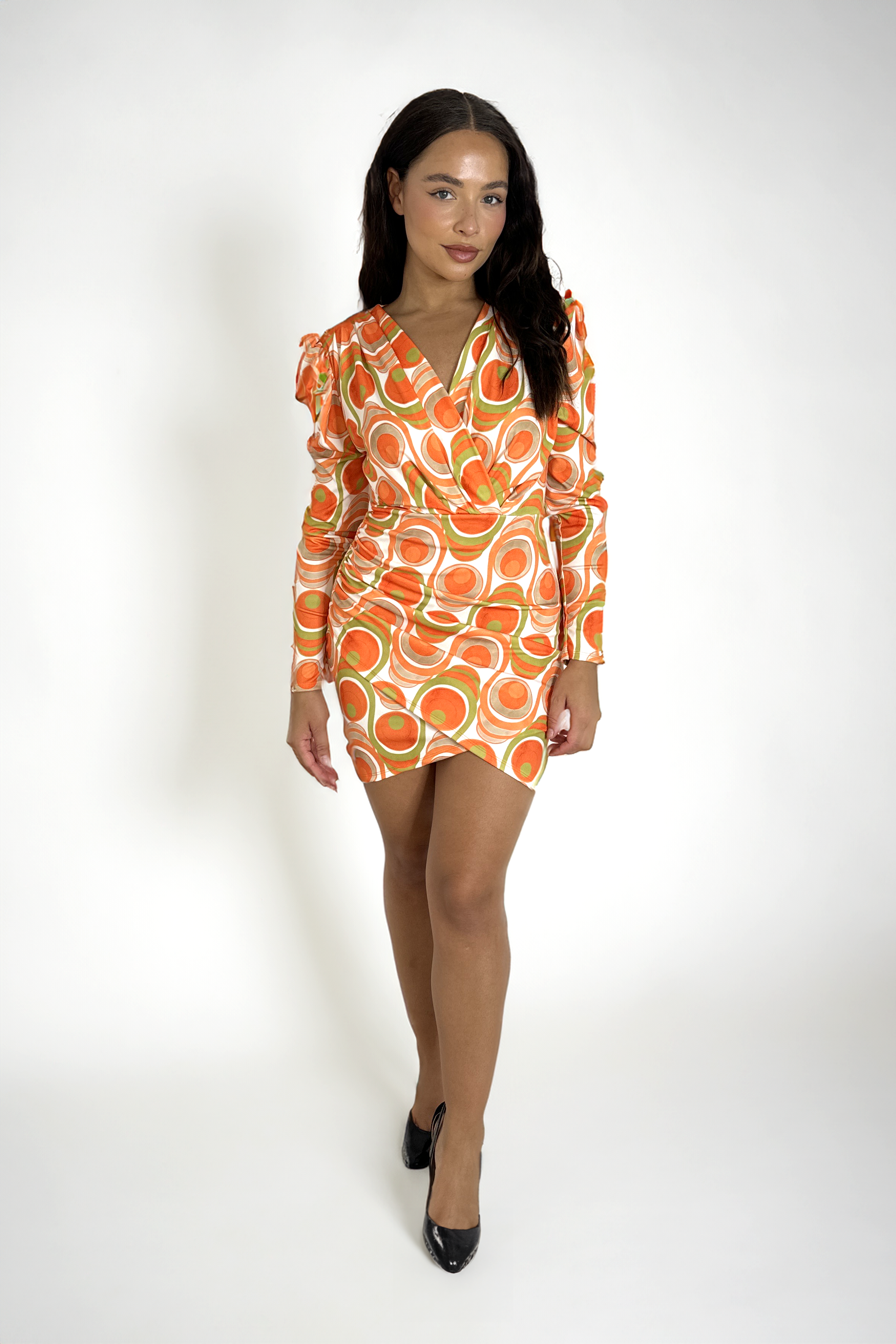 Long Sleeve Deep Plunge Printed Asymmetric Mini Dress