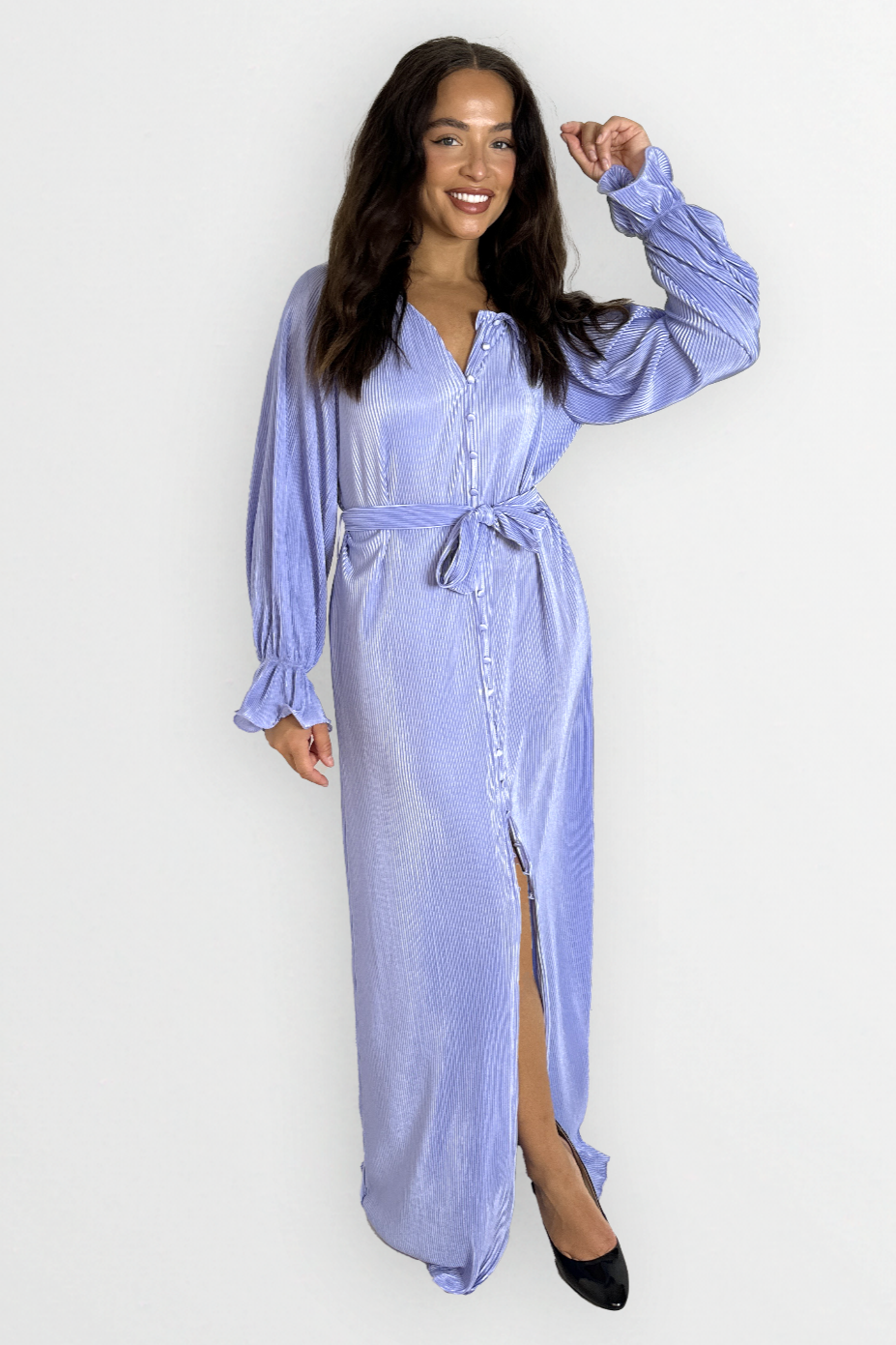 Satin Plisse Button Down Elegant Extra Long Tie Up Maxi Dress