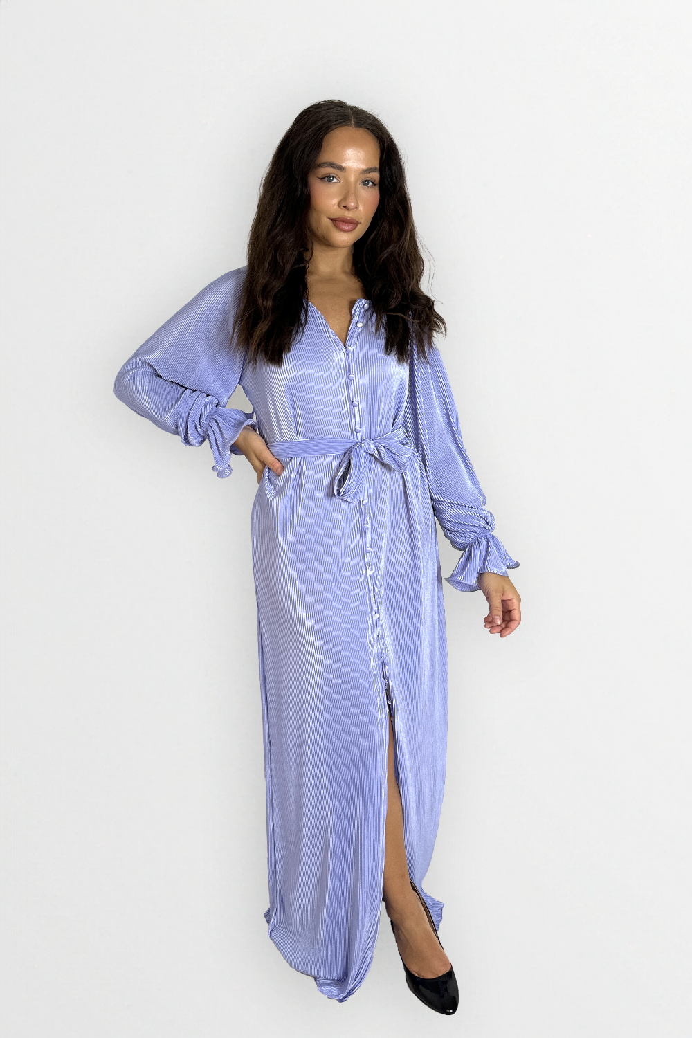 Satin Plisse Button Down Elegant Extra Long Tie Up Maxi Dress