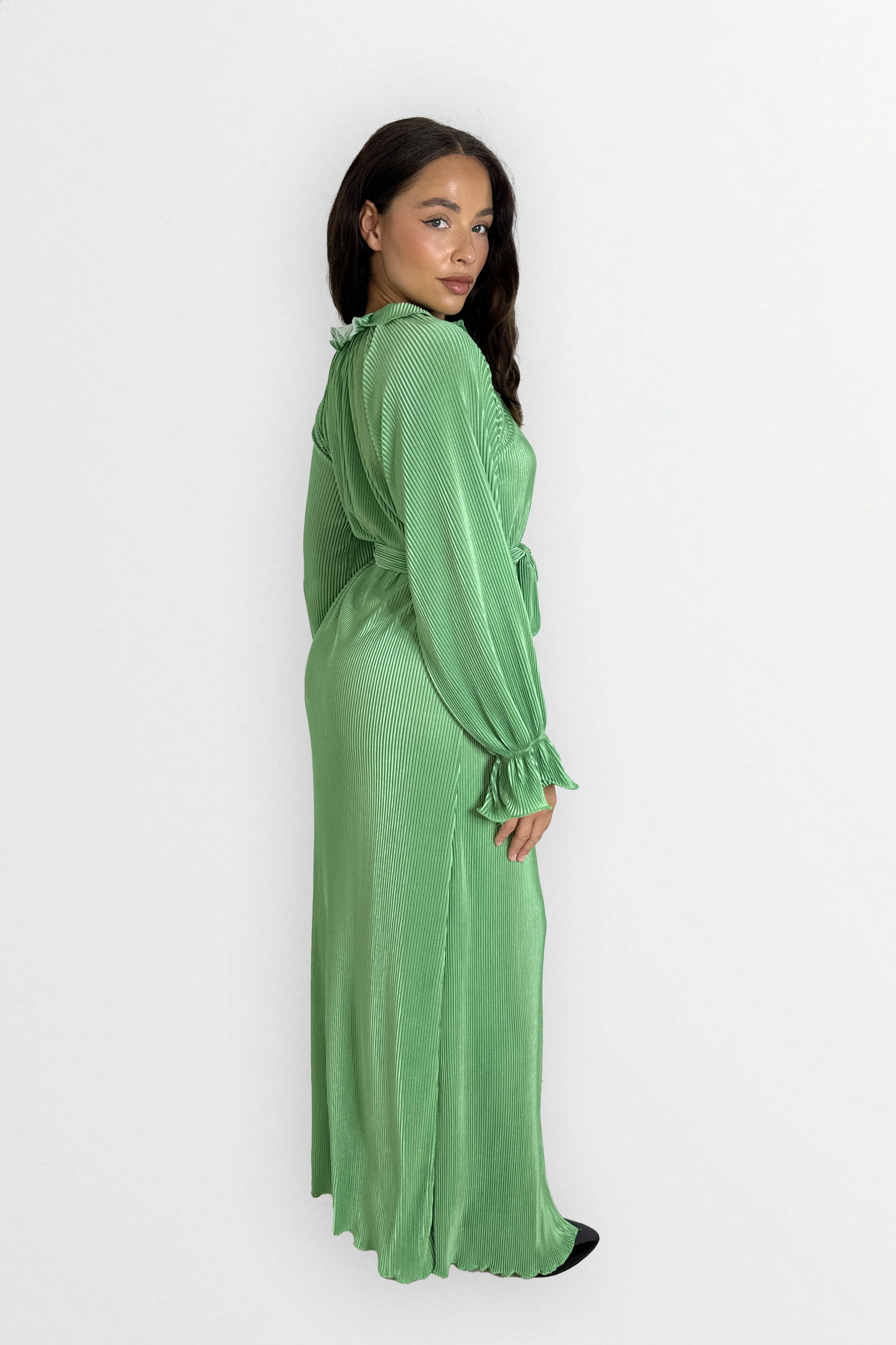 Satin Plisse Button Down Elegant Extra Long Tie Up Maxi Dress