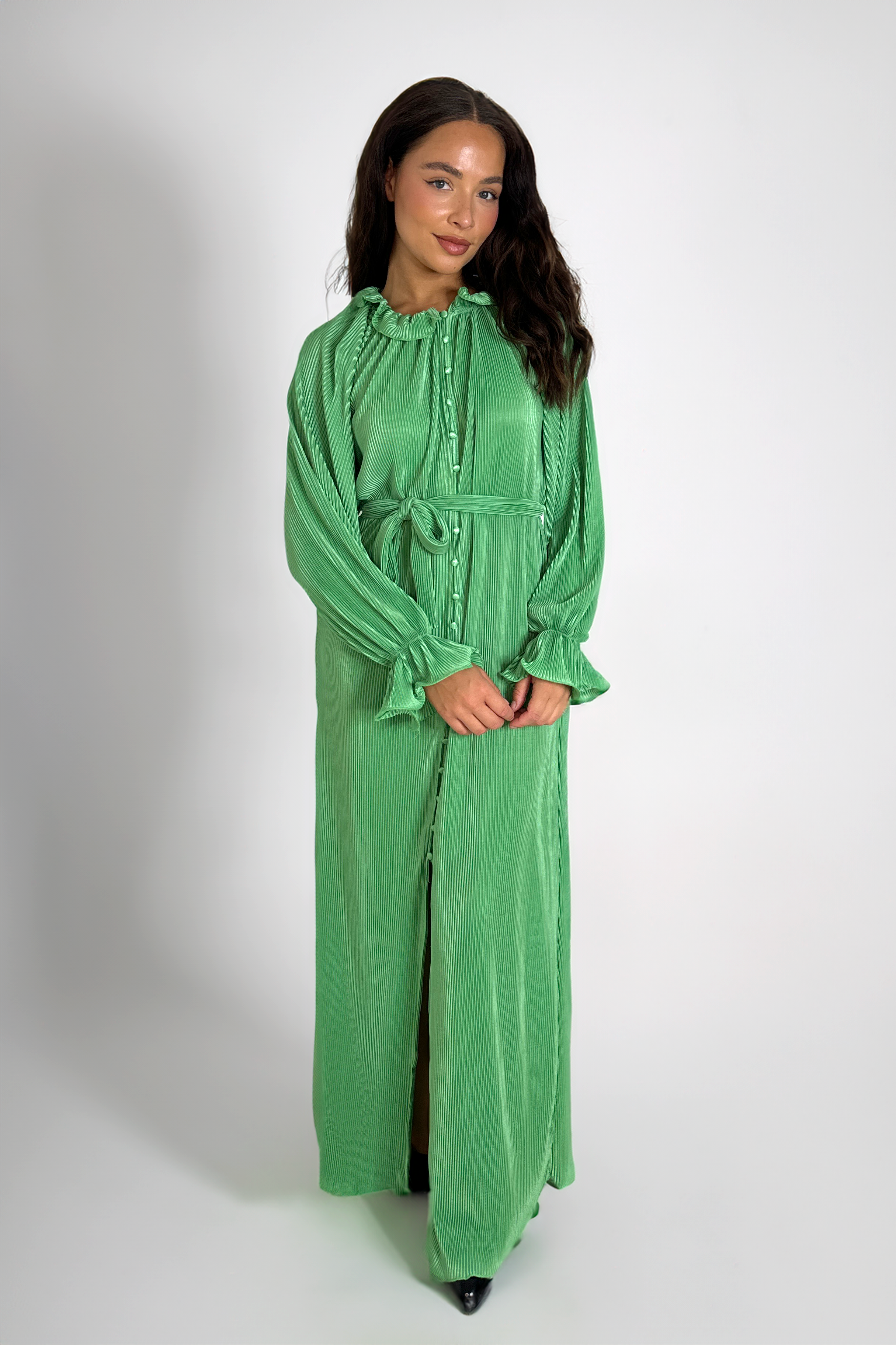 Satin Plisse Button Down Elegant Extra Long Tie Up Maxi Dress