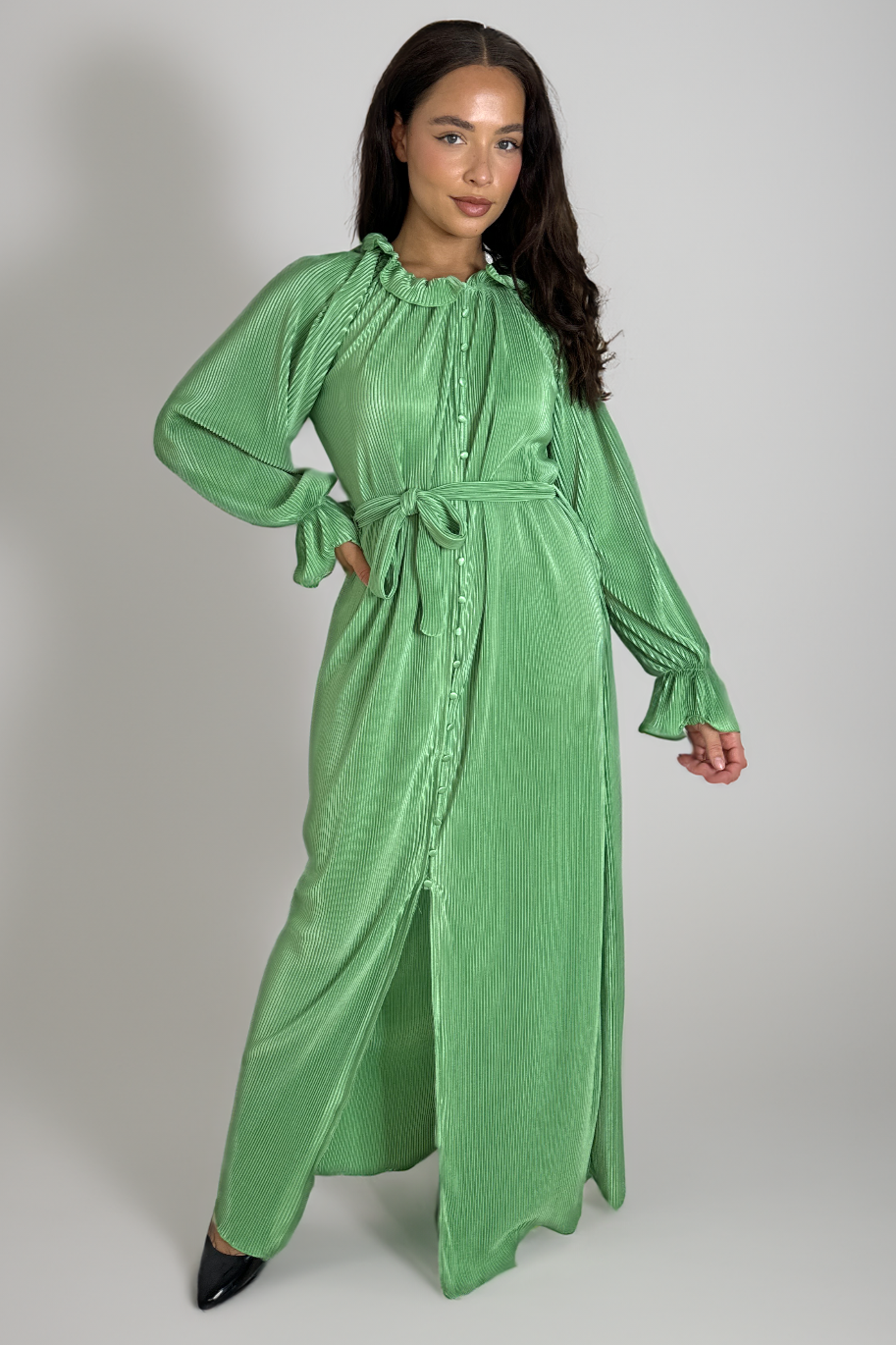 Satin Plisse Button Down Elegant Extra Long Tie Up Maxi Dress