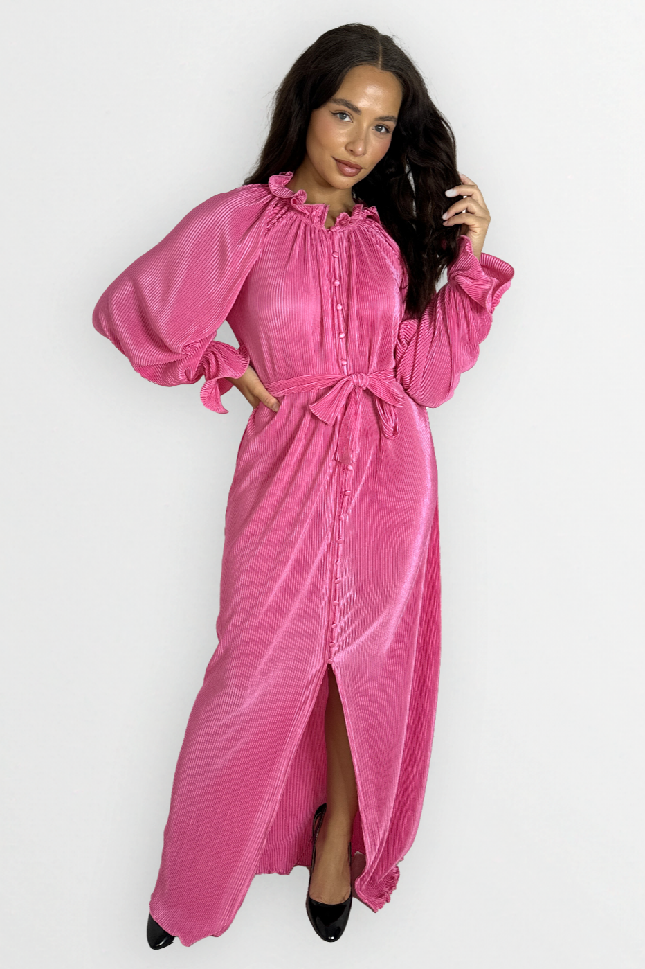 Satin Plisse Button Down Elegant Extra Long Tie Up Maxi Dress