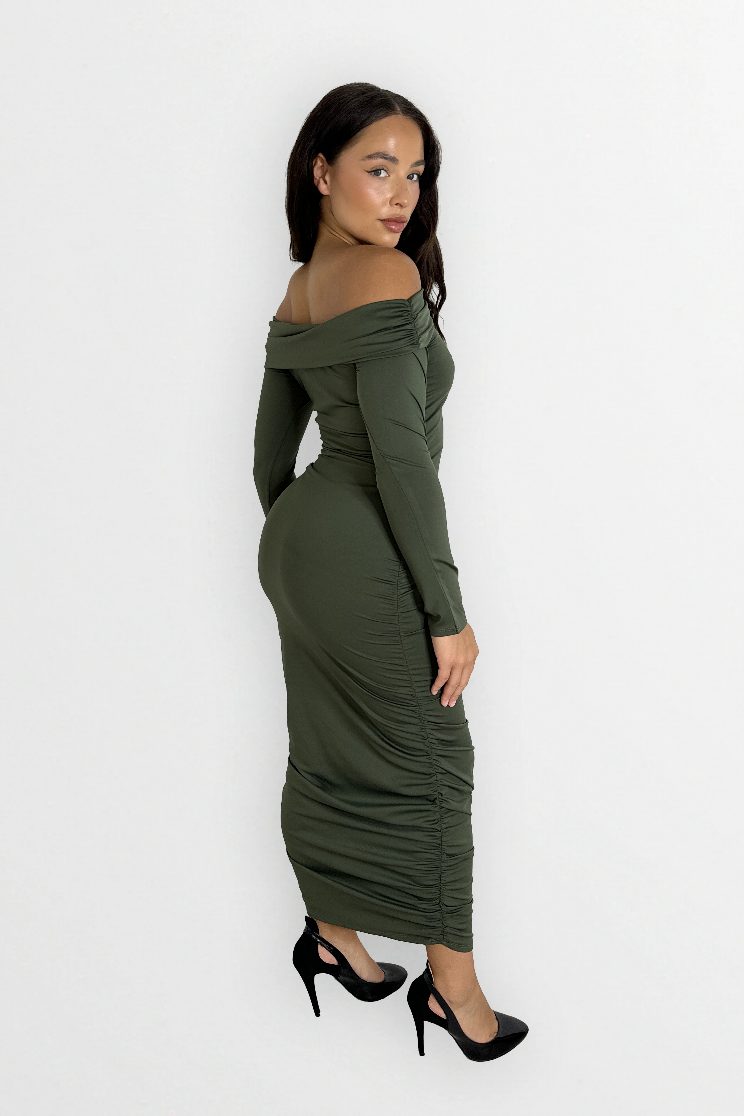 Long Sleeve Off The Shoulder Ruched Slinky Stretchy Long Dress-SinglePrice