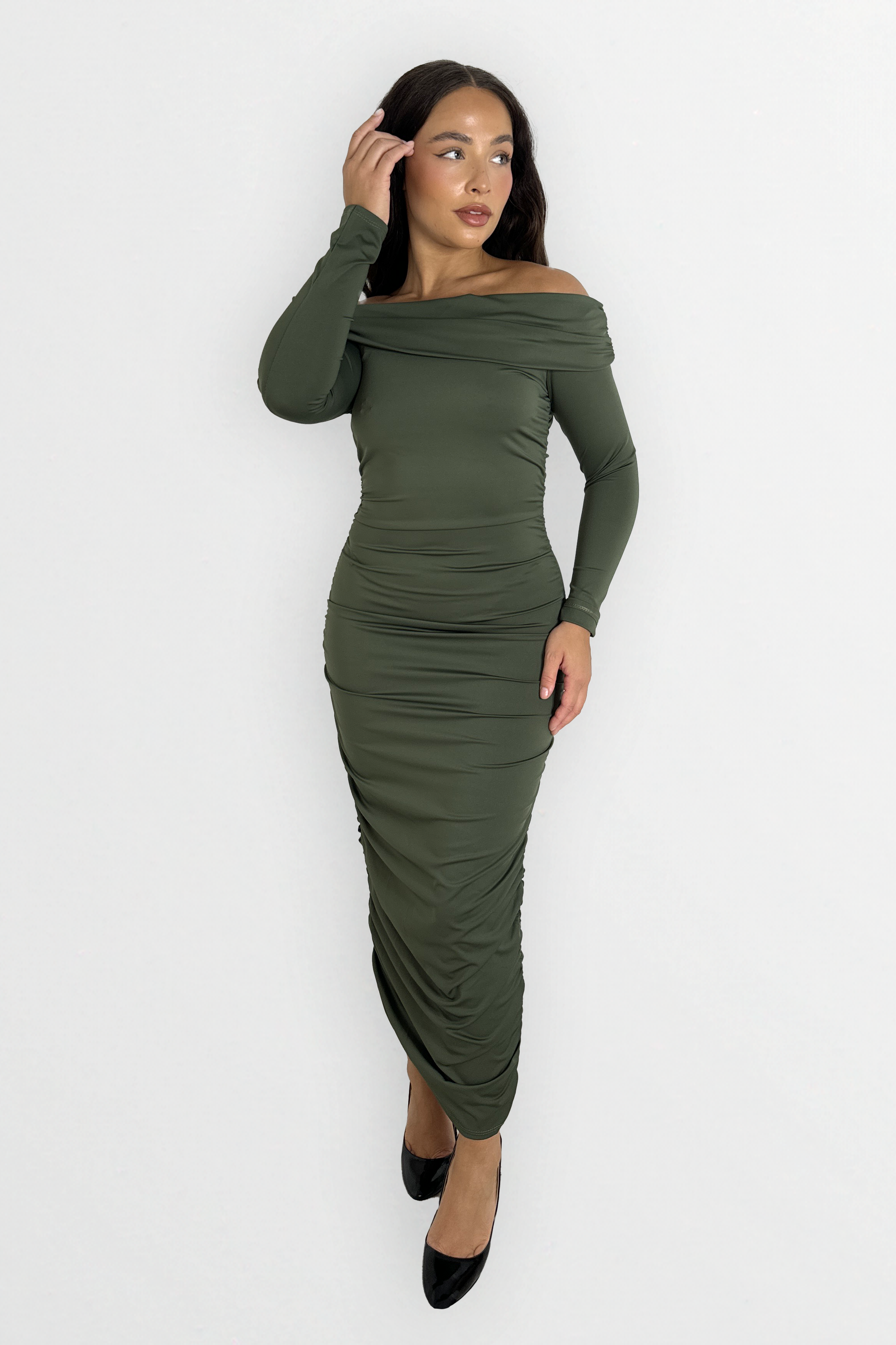 Long Sleeve Off The Shoulder Ruched Slinky Stretchy Long Dress-SinglePrice