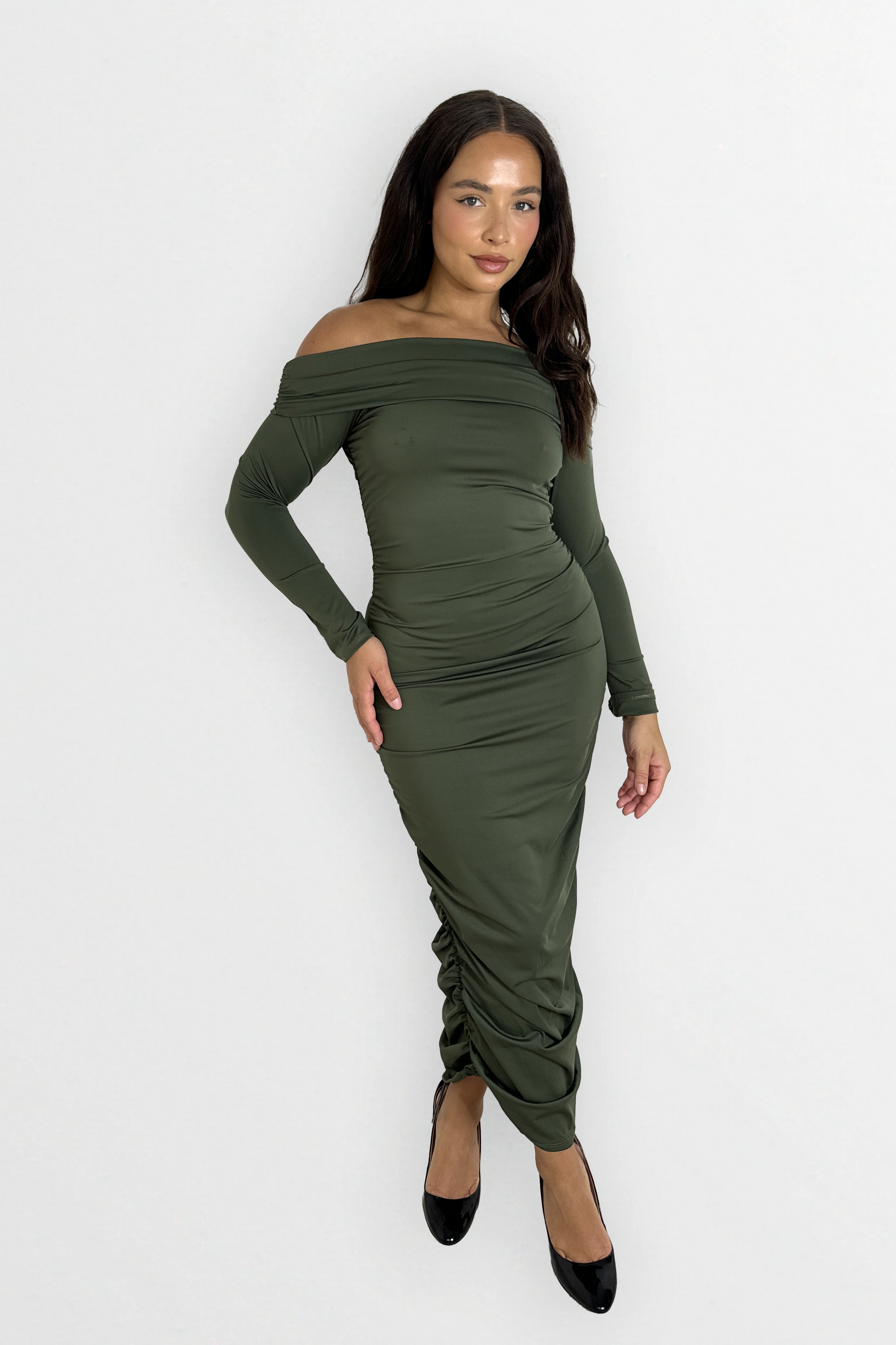 Long Sleeve Off The Shoulder Ruched Slinky Stretchy Long Dress-SinglePrice