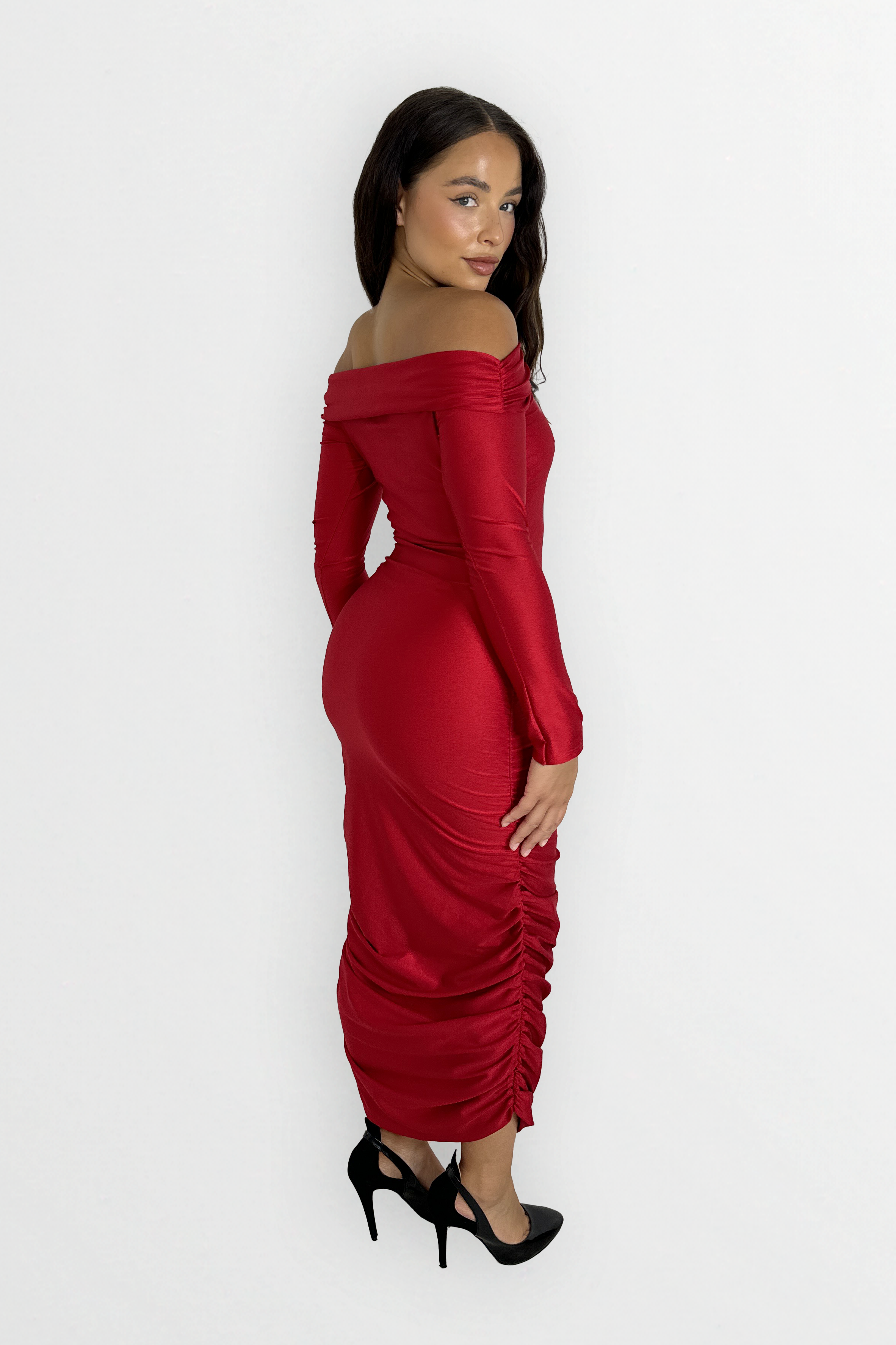 Long Sleeve Off The Shoulder Ruched Slinky Stretchy Long Dress-SinglePrice