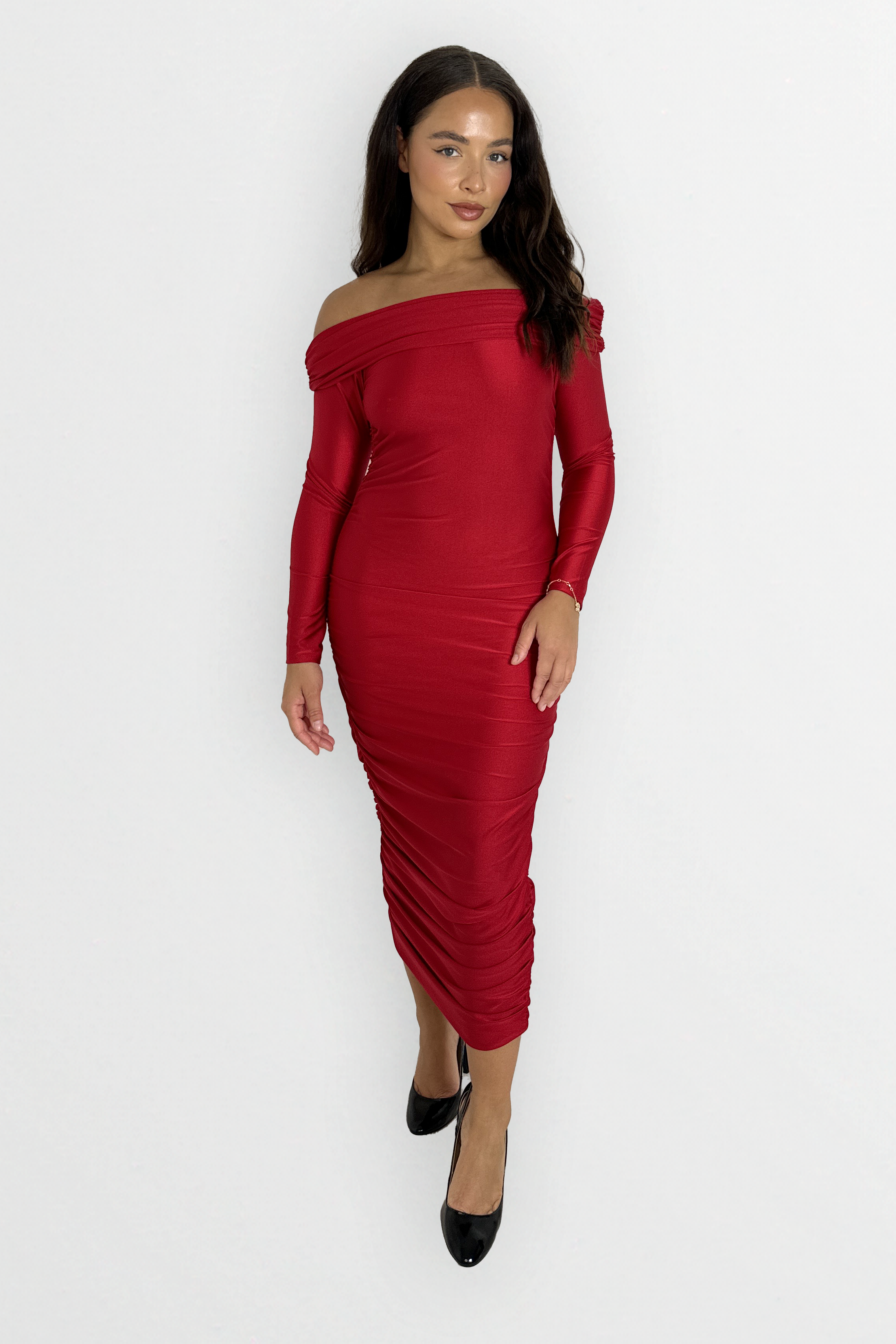 Long Sleeve Off The Shoulder Ruched Slinky Stretchy Long Dress-SinglePrice