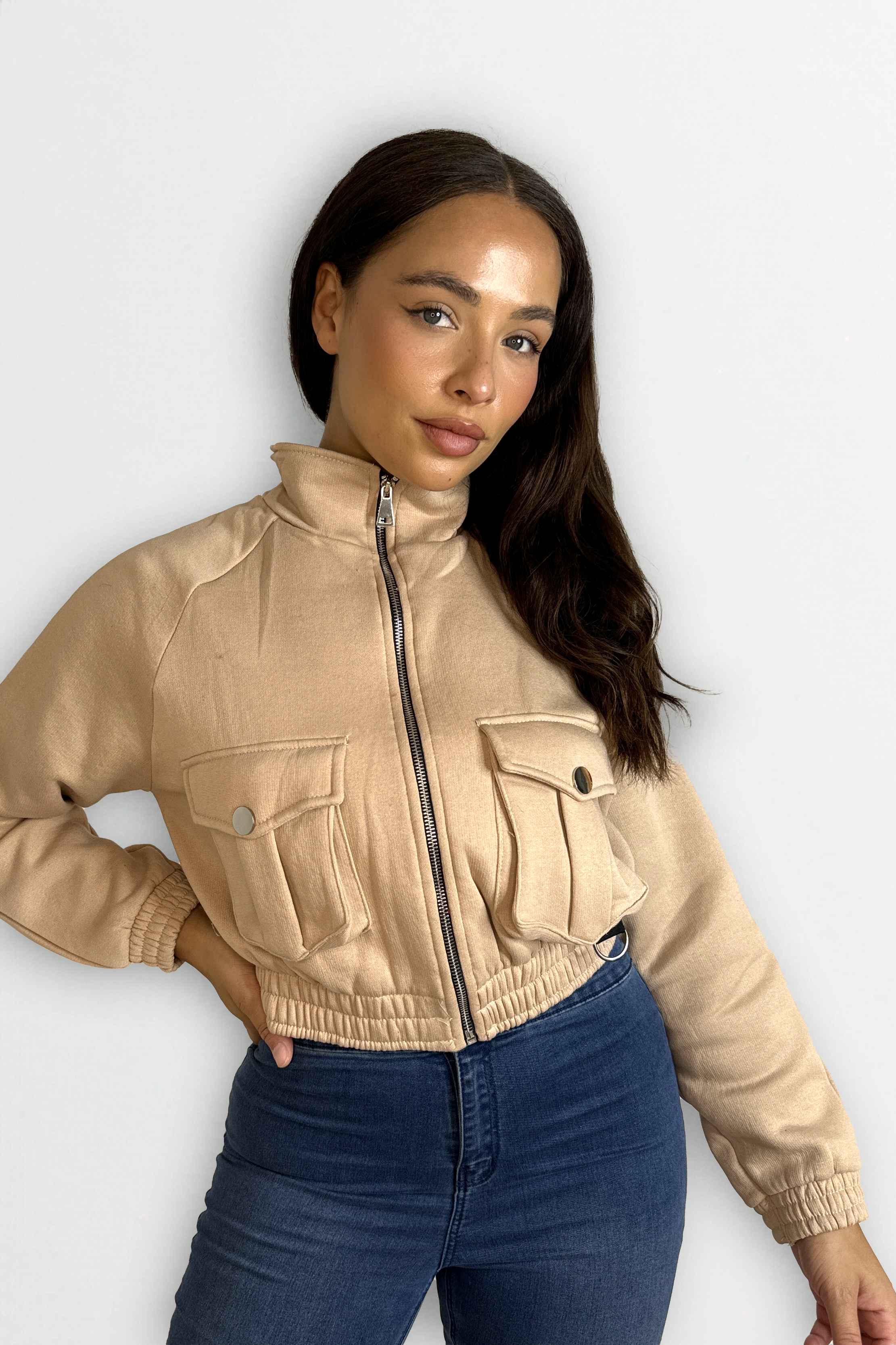 Fleeced High Neck Large Pocket Cropped Bomber Jacket-SinglePrice