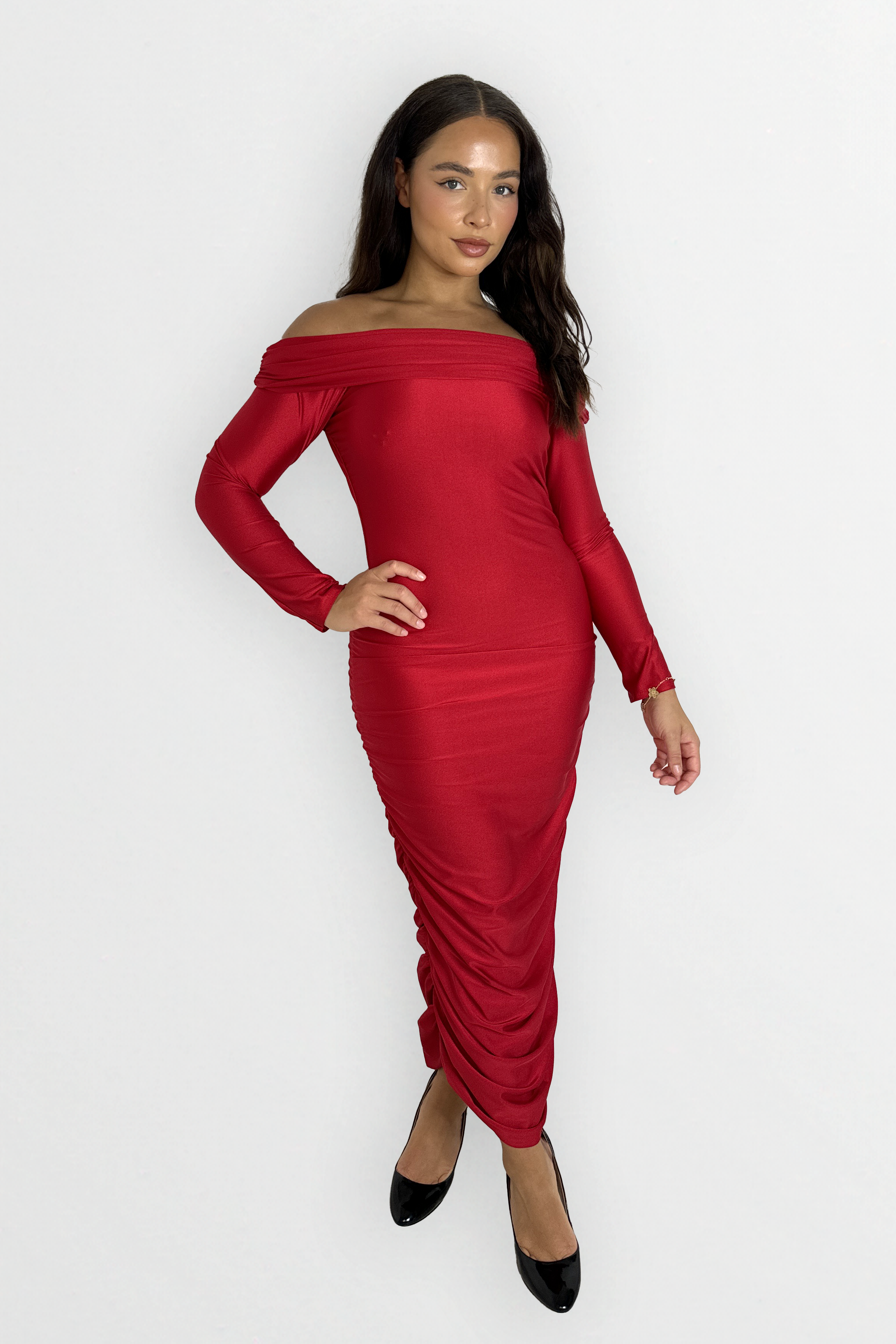 Long Sleeve Off The Shoulder Ruched Slinky Stretchy Long Dress-SinglePrice