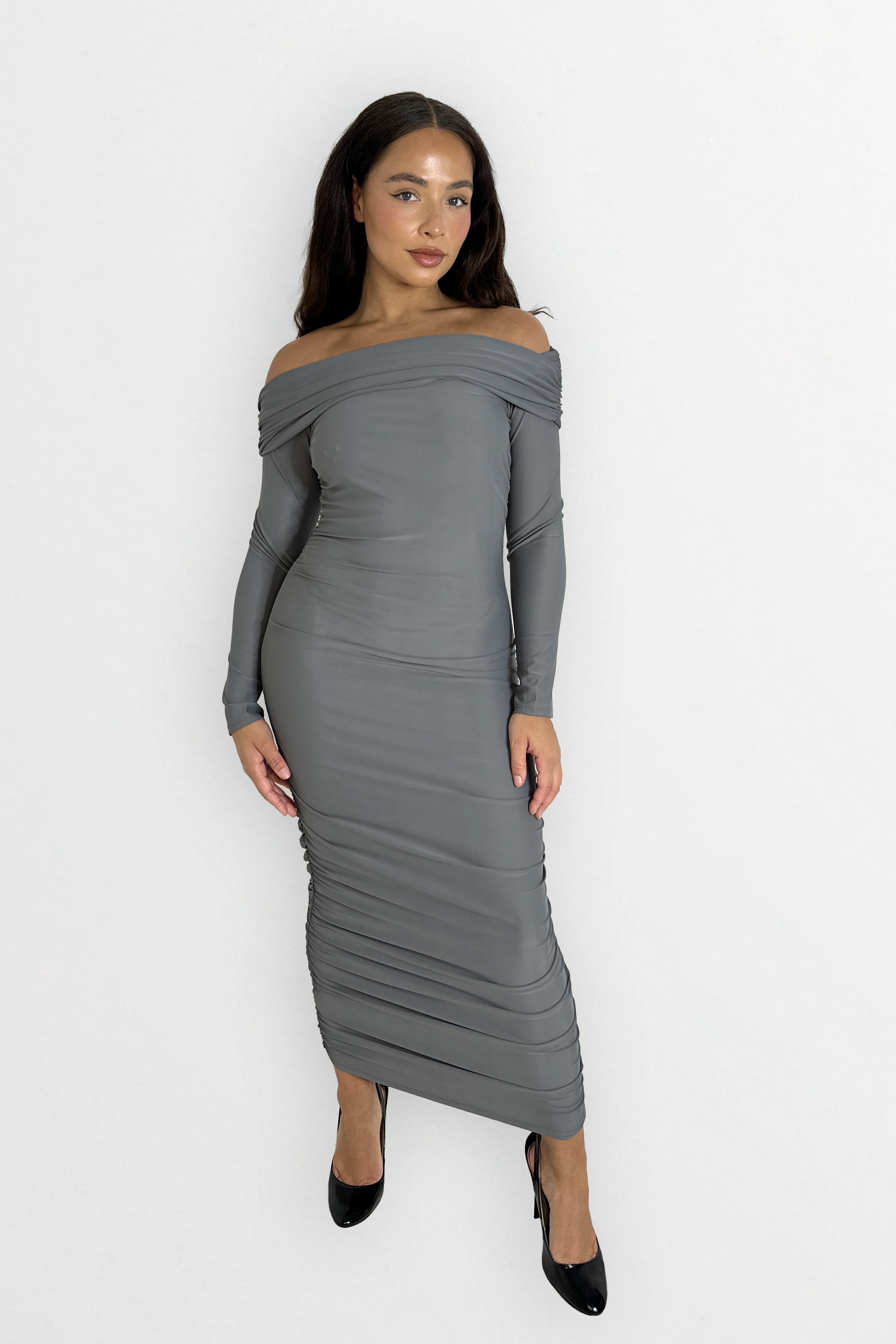 Long Sleeve Off The Shoulder Ruched Slinky Stretchy Long Dress-SinglePrice