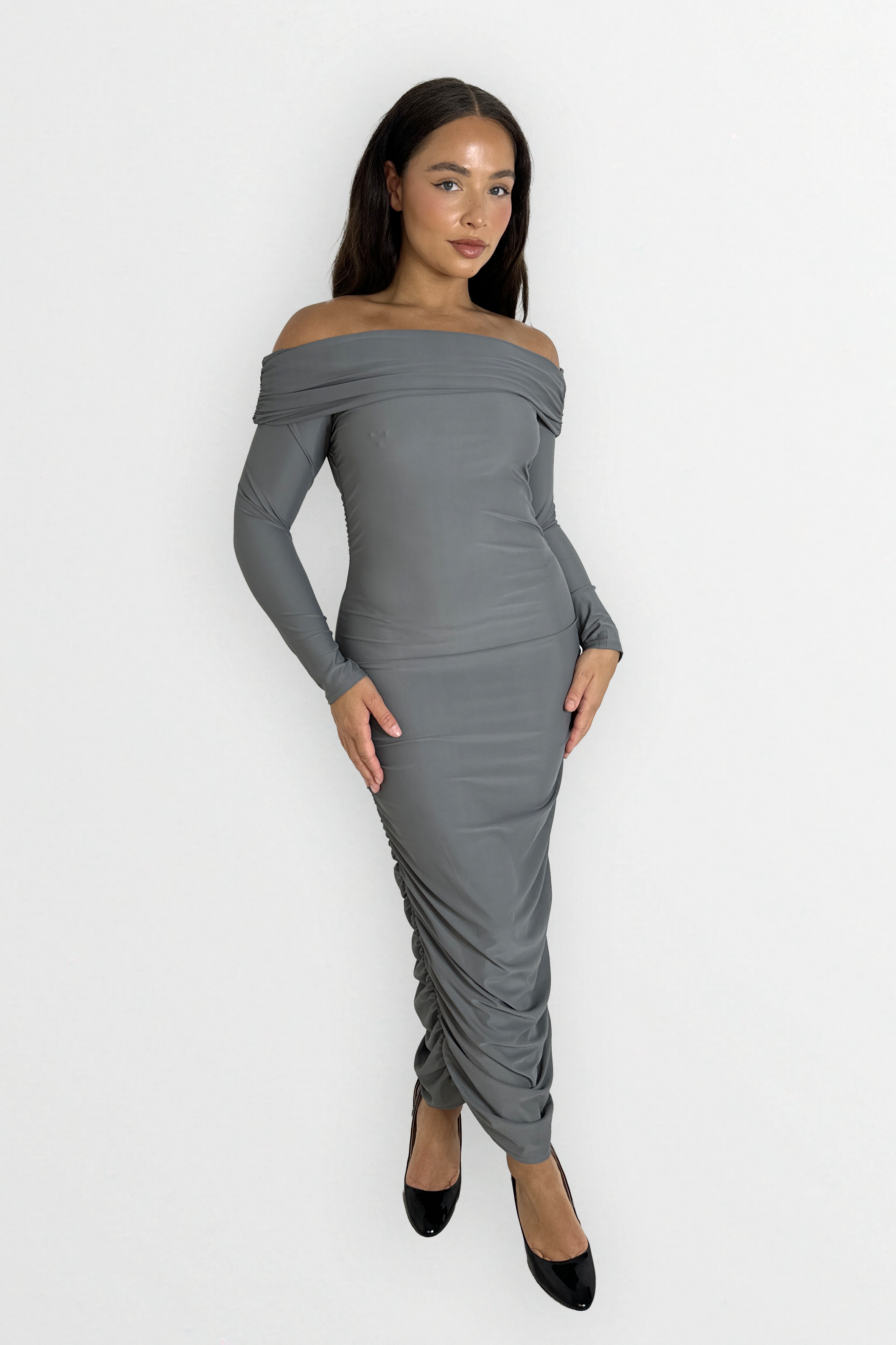 Long Sleeve Off The Shoulder Ruched Slinky Stretchy Long Dress-SinglePrice