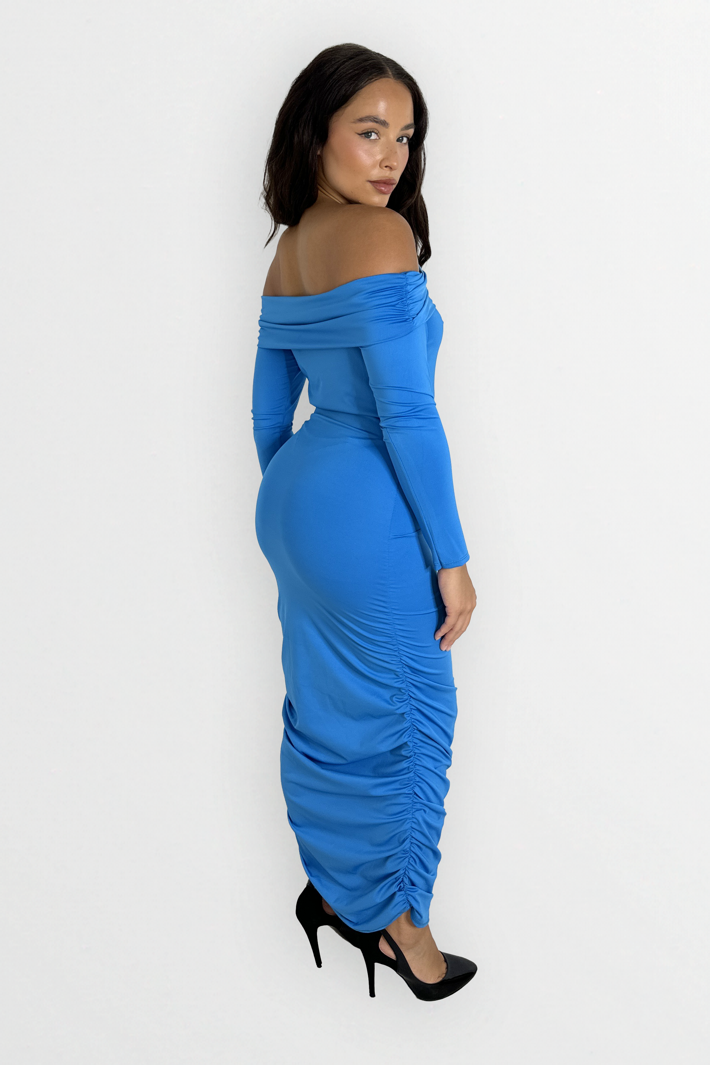 Long Sleeve Off The Shoulder Ruched Slinky Stretchy Long Dress-SinglePrice