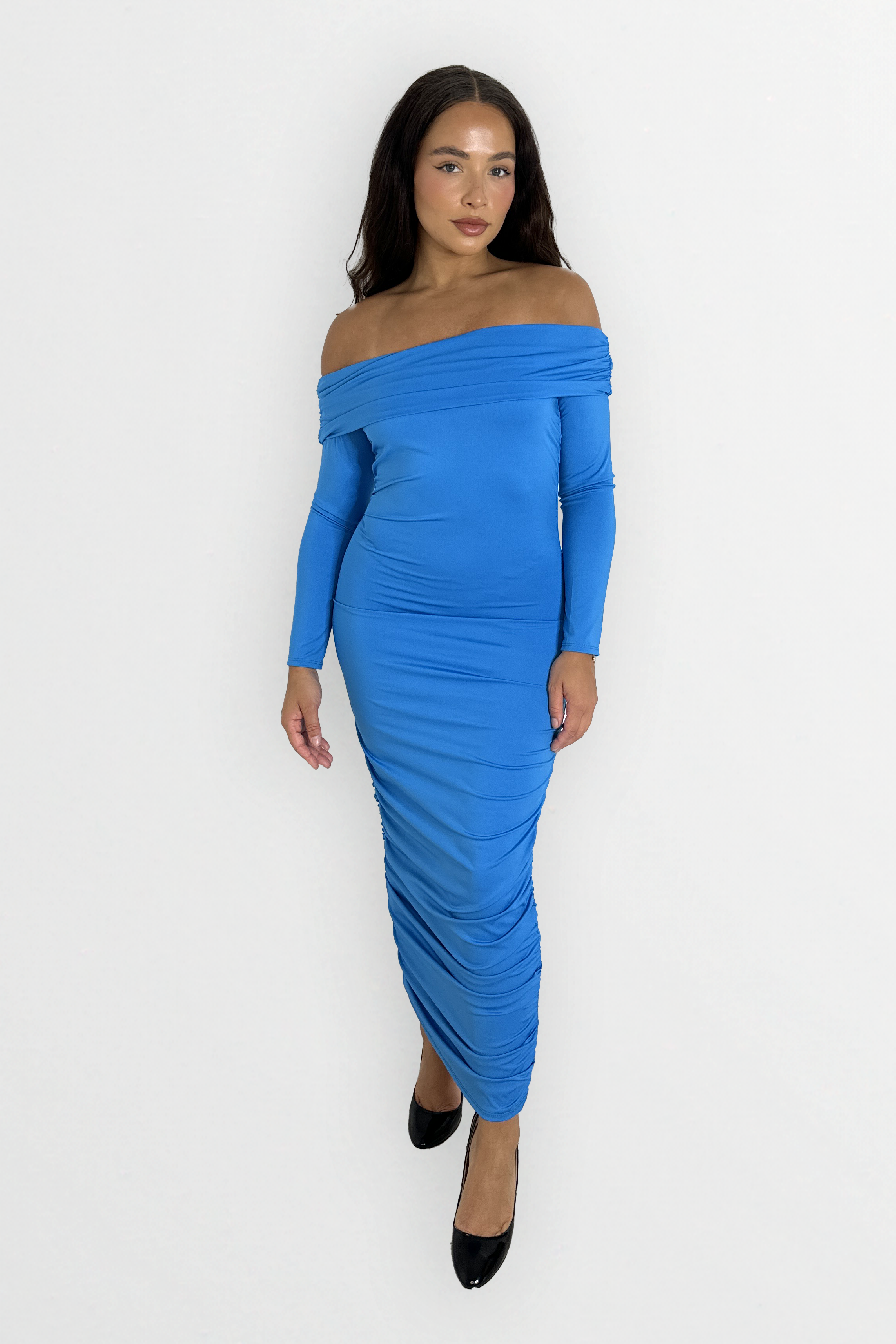 Long Sleeve Off The Shoulder Ruched Slinky Stretchy Long Dress-SinglePrice