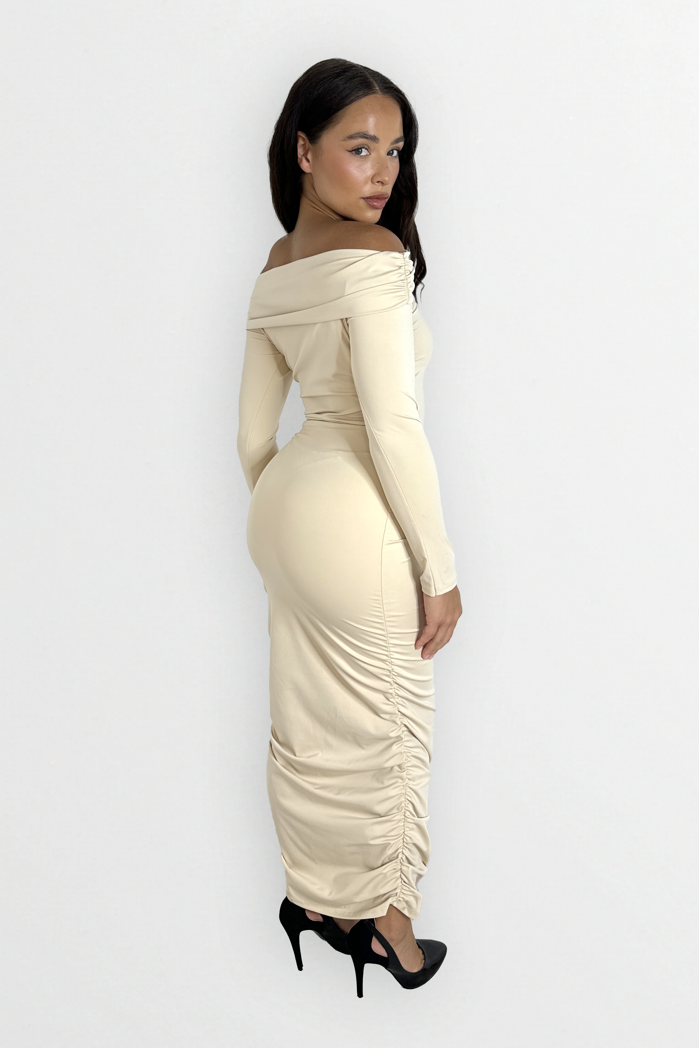 Long Sleeve Off The Shoulder Ruched Slinky Stretchy Long Dress-SinglePrice