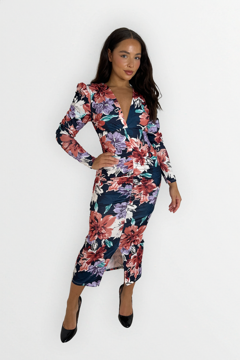 Ruched Puff Long Sleeve Low Cut Floral Print Slinky Bodycon Dress