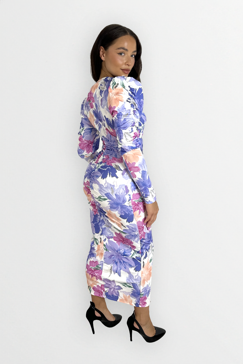 Ruched Puff Long Sleeve Low Cut Floral Print Slinky Bodycon Dress