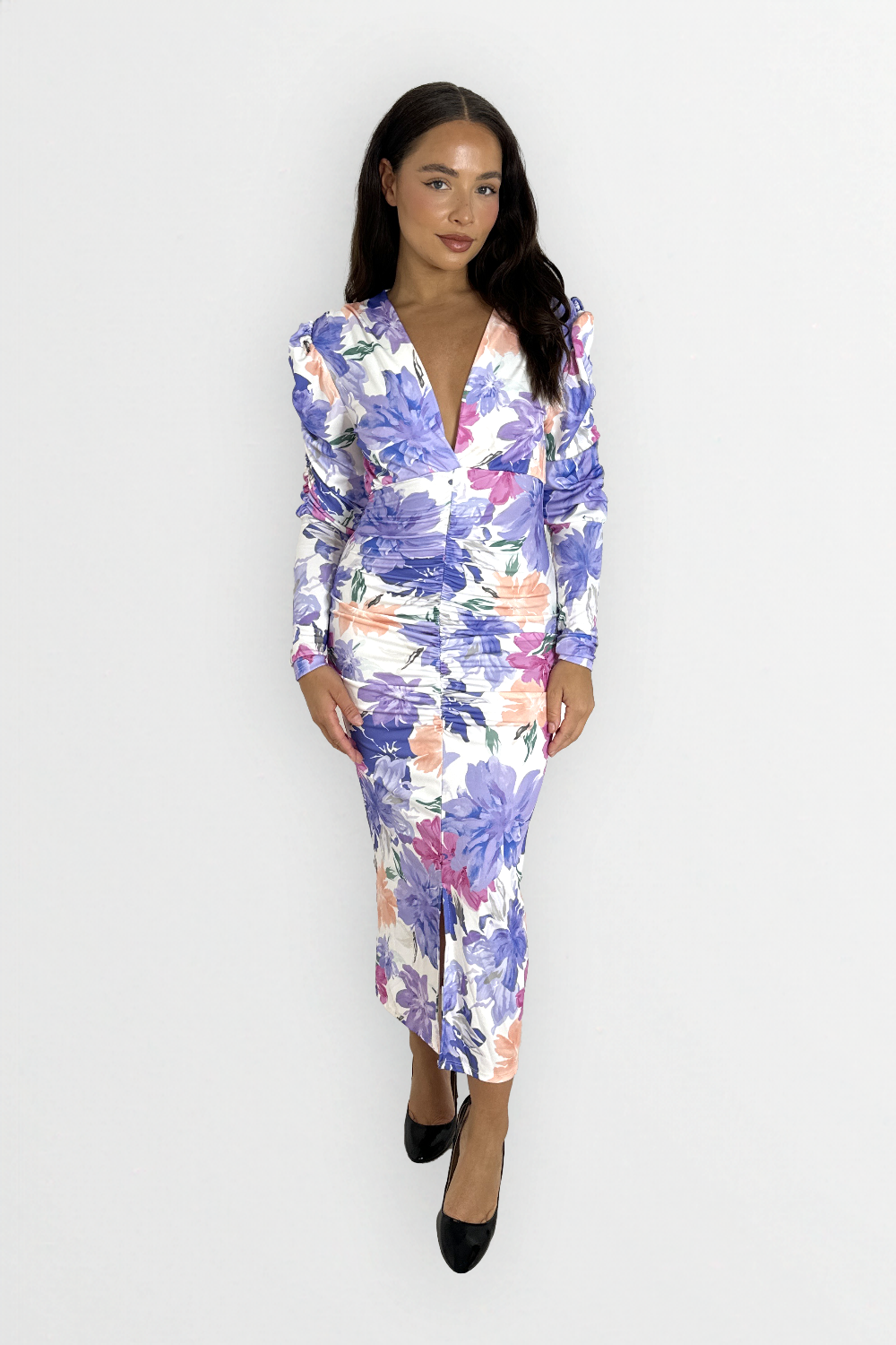 Ruched Puff Long Sleeve Low Cut Floral Print Slinky Bodycon Dress