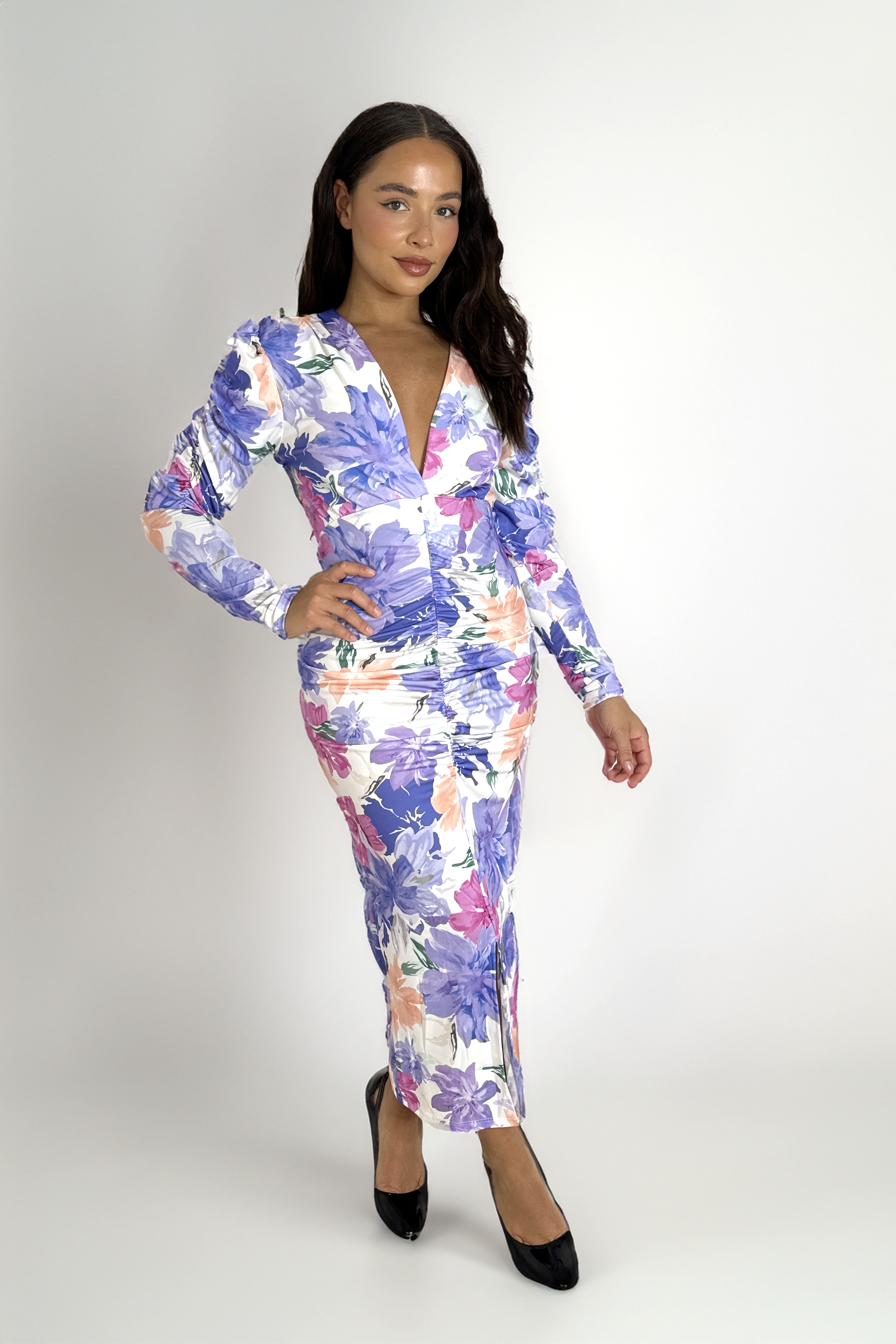 Ruched Puff Long Sleeve Low Cut Floral Print Slinky Bodycon Dress