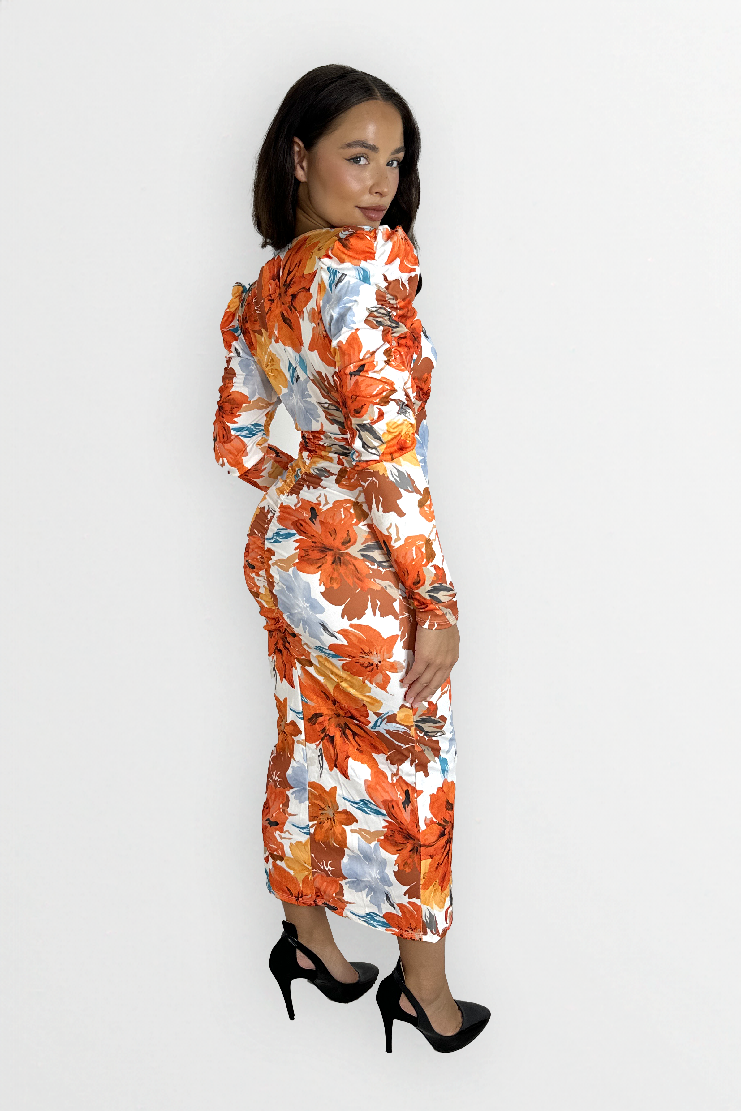 Ruched Puff Long Sleeve Low Cut Floral Print Slinky Bodycon Dress